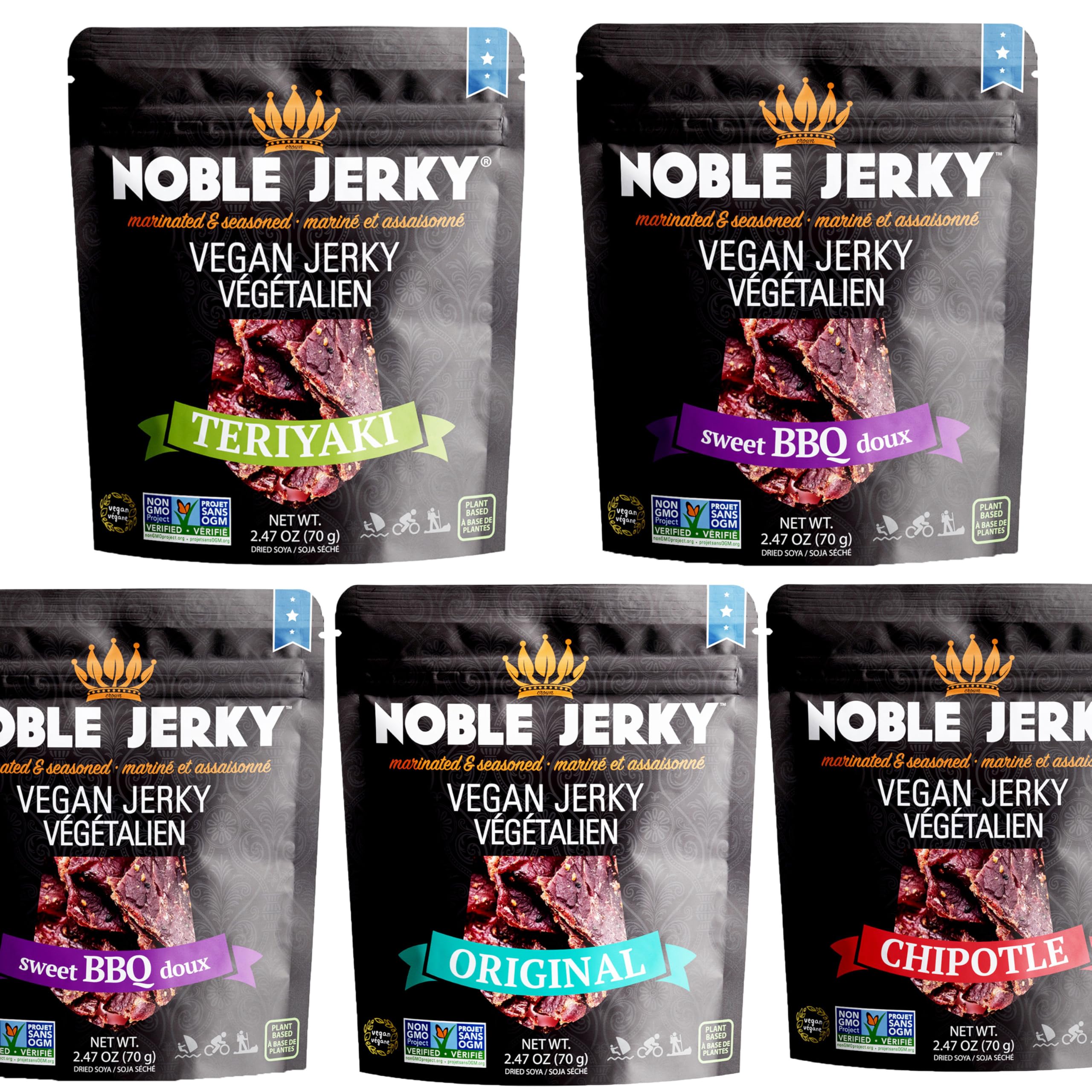 Noble Jerky – Vegan Plant-Based Snack Variety Pack (5 Bags, 2.47 oz Each) | BBQ, Teriyaki, Chipotle, Original & Hickory Flavors | Non-GMO, Vegetarian-Friendly | Perfect for Hiking, Road Trips & Healthy On-the-Go Snacking