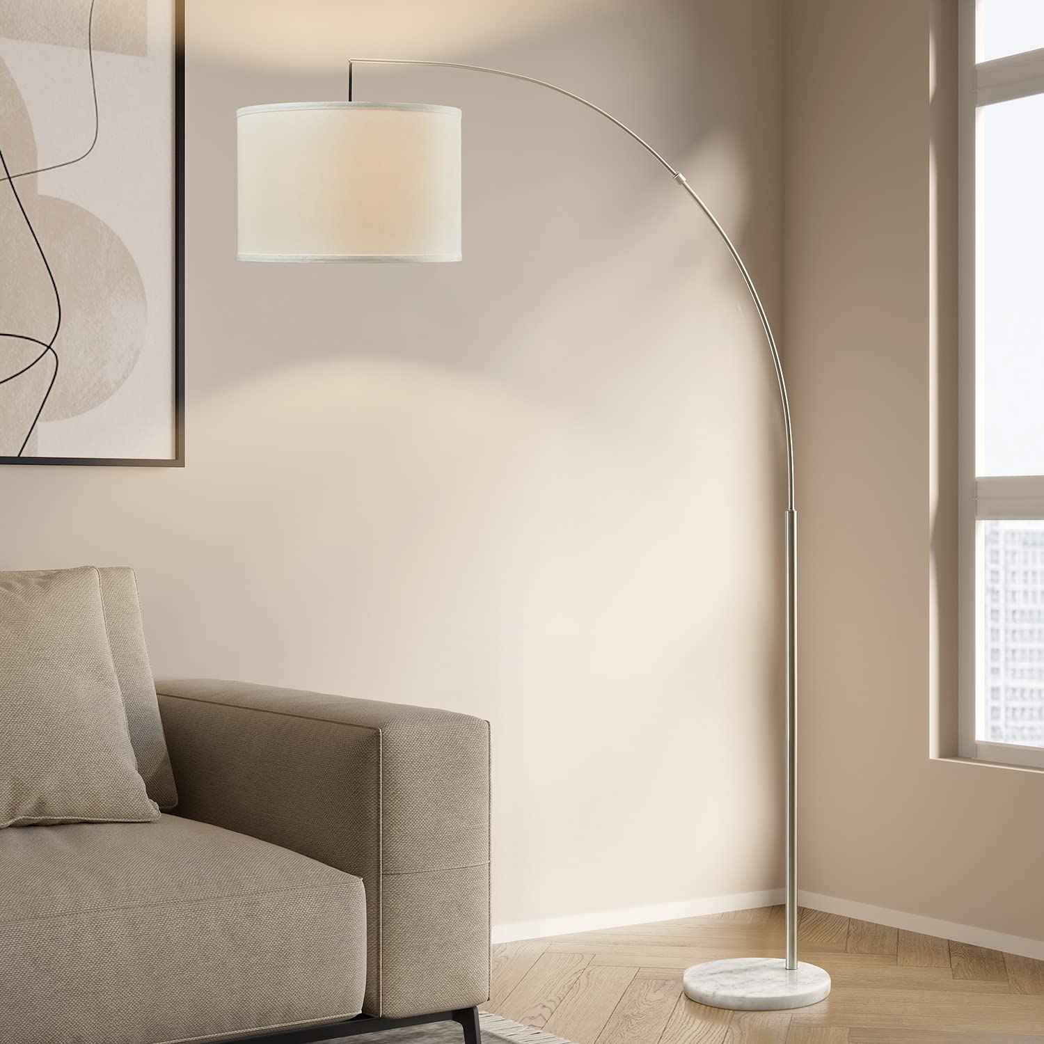 Oneach Modern Arc Floor Lamp - Brushed Steel Standing Light for Living Room, Bedroom, Office - Adjustable Arch Design with Hanging Shade for Reading Over Couch, Sofa or Desk - Silver Finish