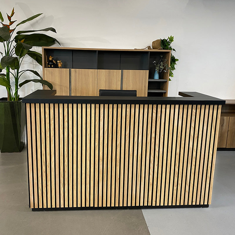 KENTO 180cm Reception Desk with Timber Slat Acoustic Panel in Black & Oak - Perfect for Office Lobby, Hotel Front Desk, and Corporate Waiting Areas