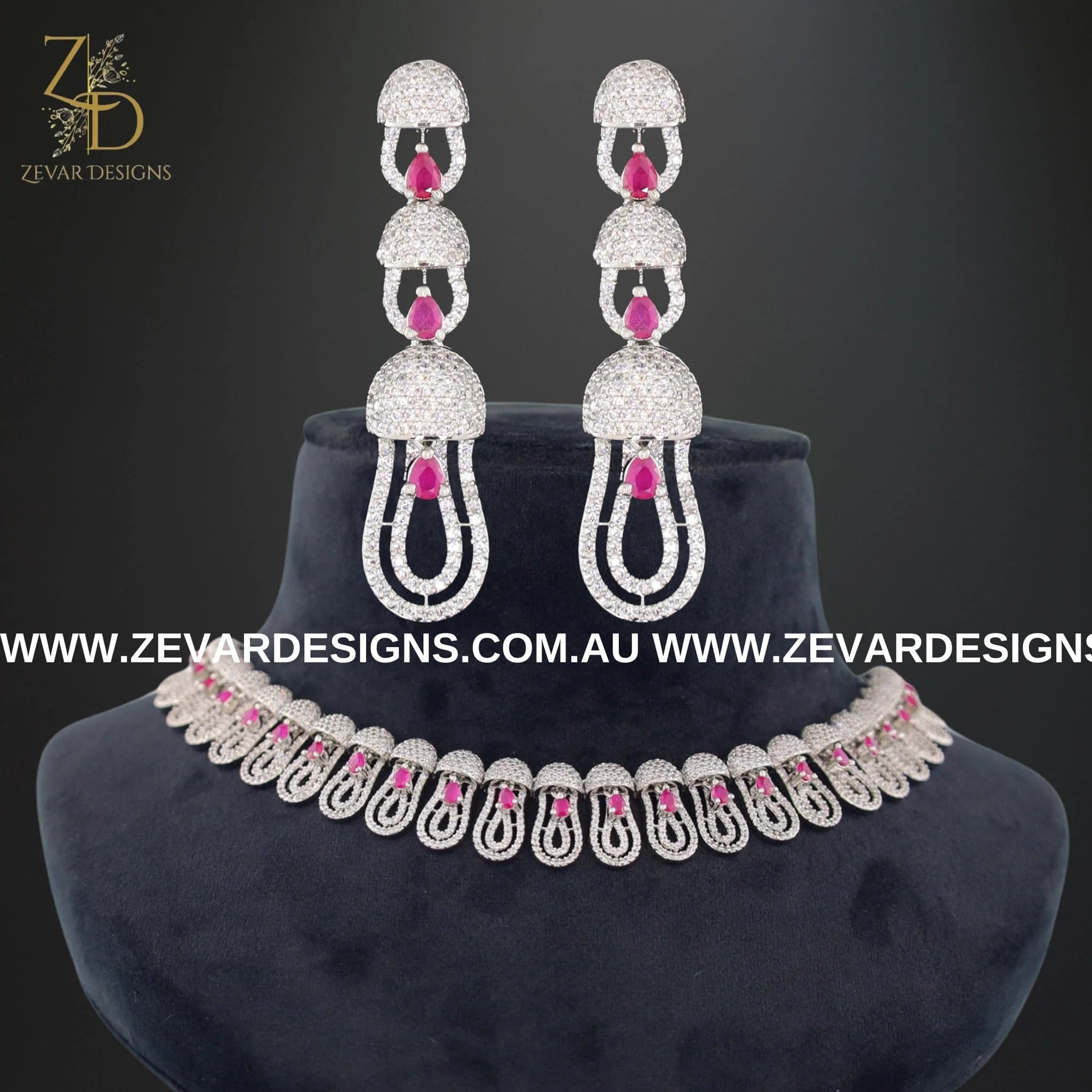 Zircon Necklace Set - White Rhodium Plated with Genuine Ruby Gemstone | Elegant Jewelry for Women, Perfect for Weddings, Parties & Special Occasions