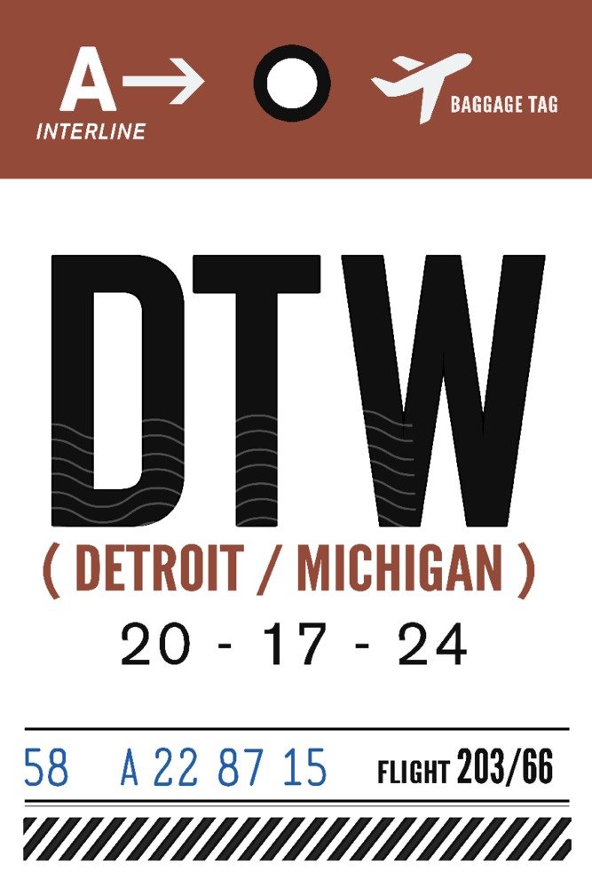 Detroit Michigan DTW Airport Luggage Tag 85294 - 24x36 Signed Art Print, Wall Decor Poster for Travel Enthusiasts & Home Office Decor