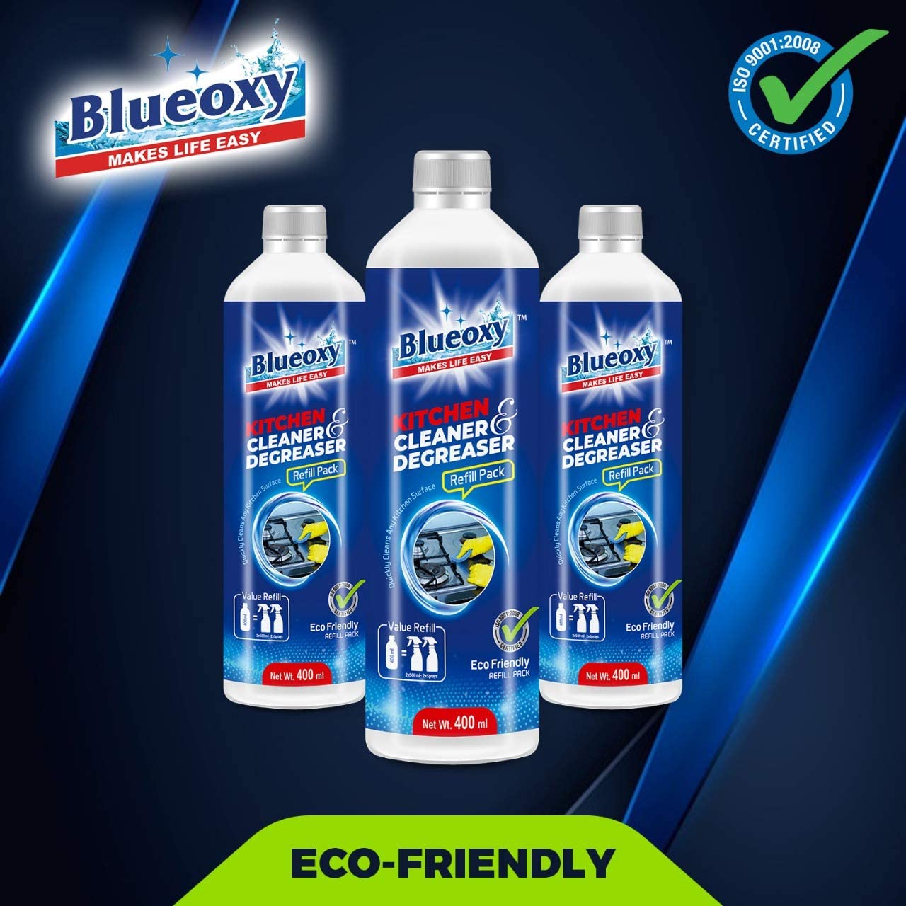 BLUEOXY Kitchen Cleaner & Degreaser Refill Pack - Heavy Duty Grease Remover for Stovetops, Ovens, Countertops | Eco-Friendly Formula | 400ml (Pack of 1) | Perfect for Deep Cleaning Kitchen Surfaces, Appliances and Removing Tough Oil Stains
