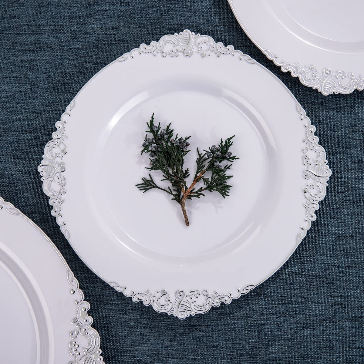 Hioasis 200-Pack Silver Plastic Plates & White with Silver Disposable Plates - 10.25 Inch & 7.5 Inch Elegant Dinnerware - Perfect for Christmas, Wedding, Party & Holiday Gatherings - Ideal for Buffets, Catering & Outdoor Events