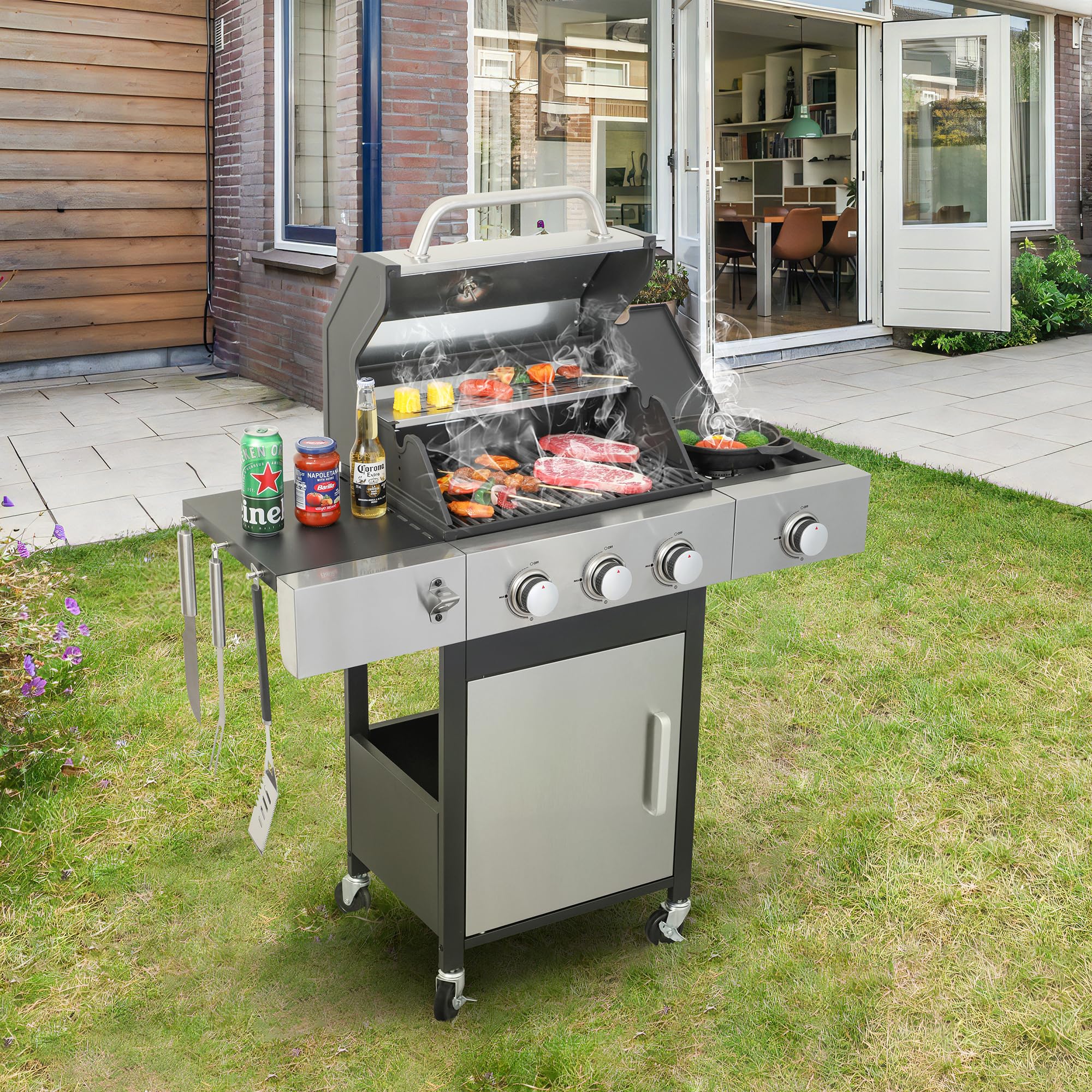 **3+1 Burner Propane Gas BBQ Grill with Side Burner & Enameled Cast Iron Grids – 37,230 BTU Stainless Steel Outdoor Grill for Backyard, Patio, Camping & Tailgating – Perfect for Grilling, Smoking & Entertaining**
