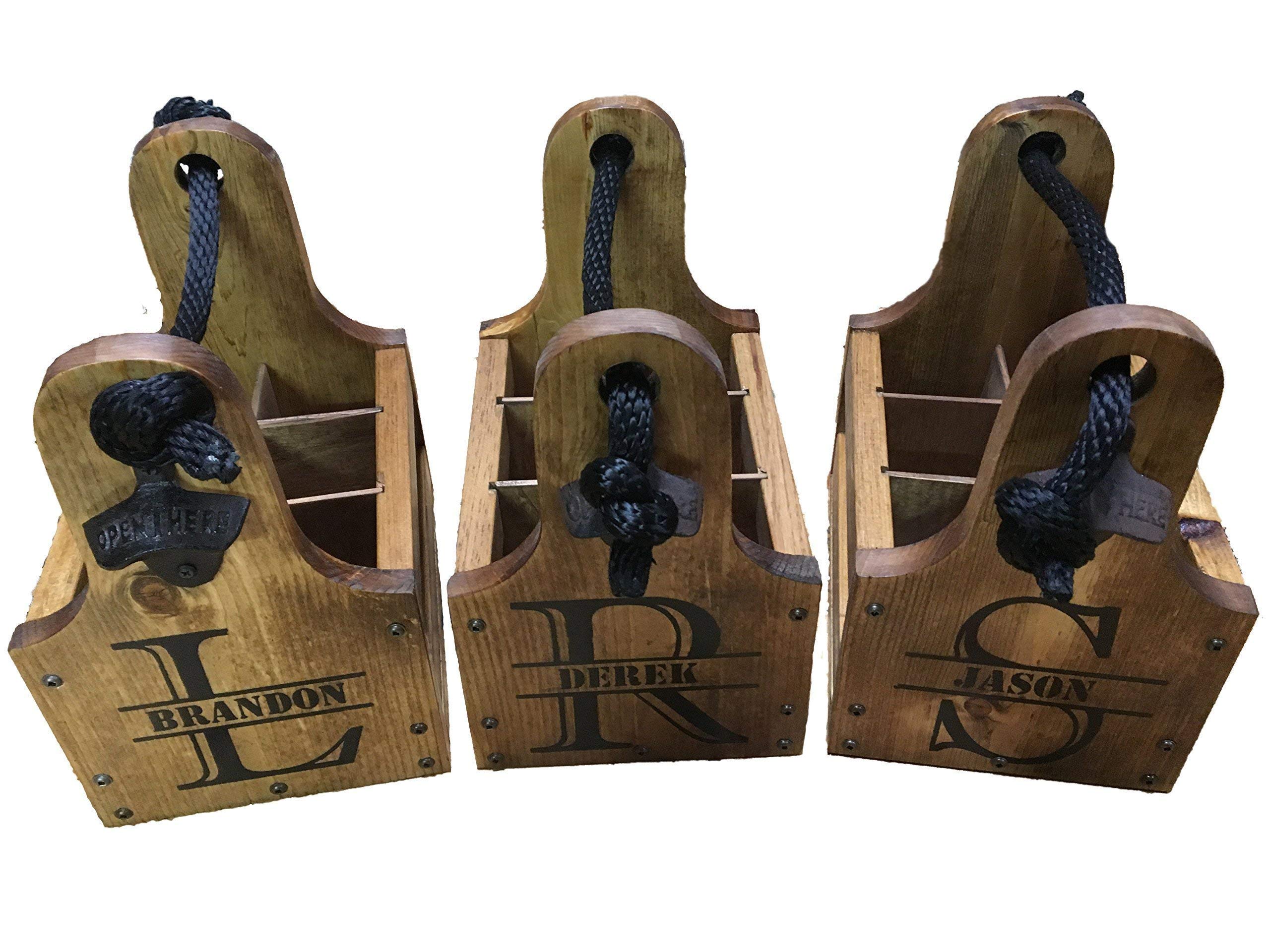 Personalized Wooden Beer Caddy with Bottle Opener & Magnetic Cap Catcher - Handmade Rustic 6-Pack Carrier, Custom Monogram & Date Gift for Men - Perfect for BBQ, Tailgating, Camping & Father's Day