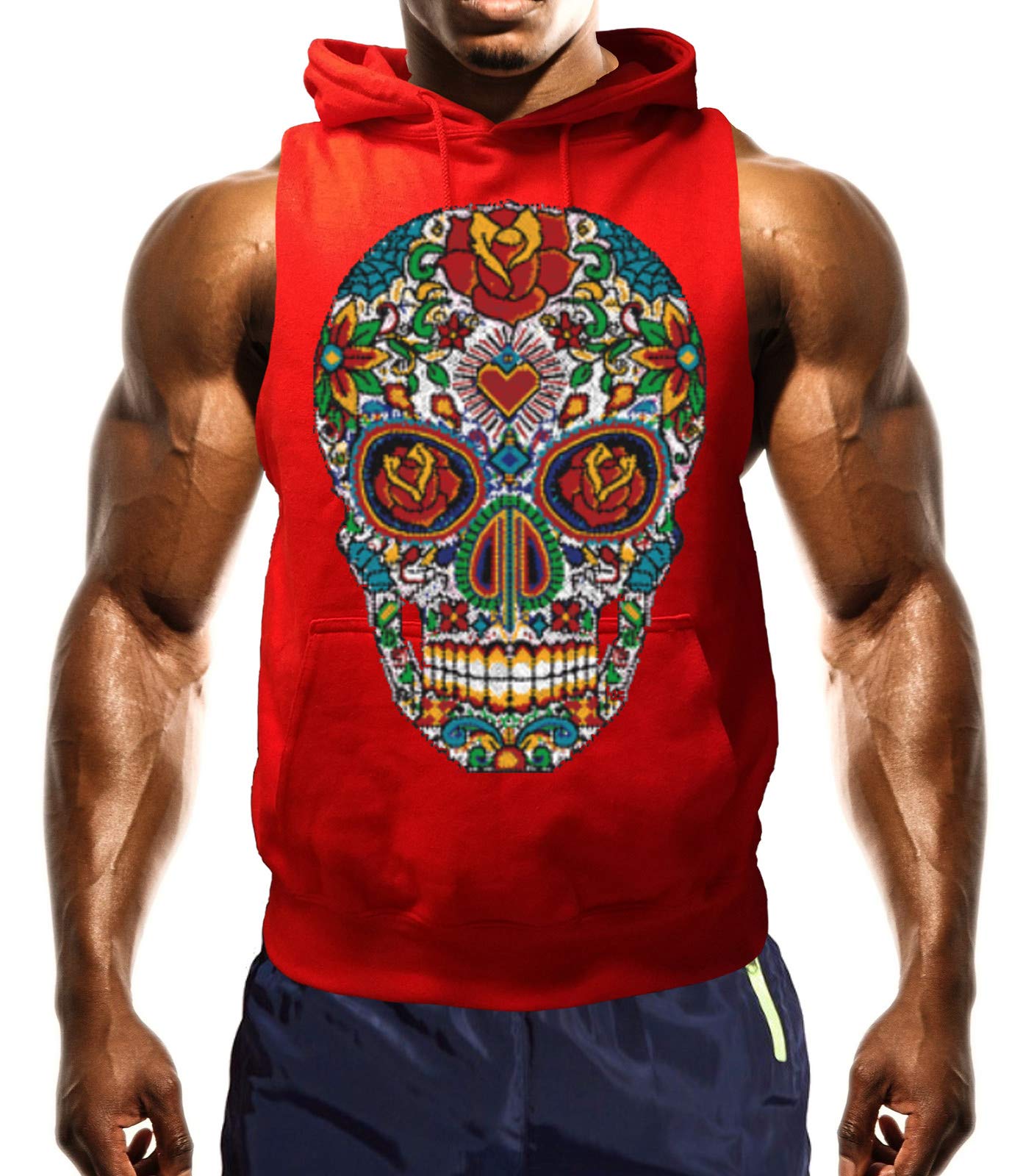 Men's Mosaic Rose Sugar Skull Print Red Sleeveless Hooded Vest - Gothic Streetwear for Halloween, Cosplay & Casual Outfits