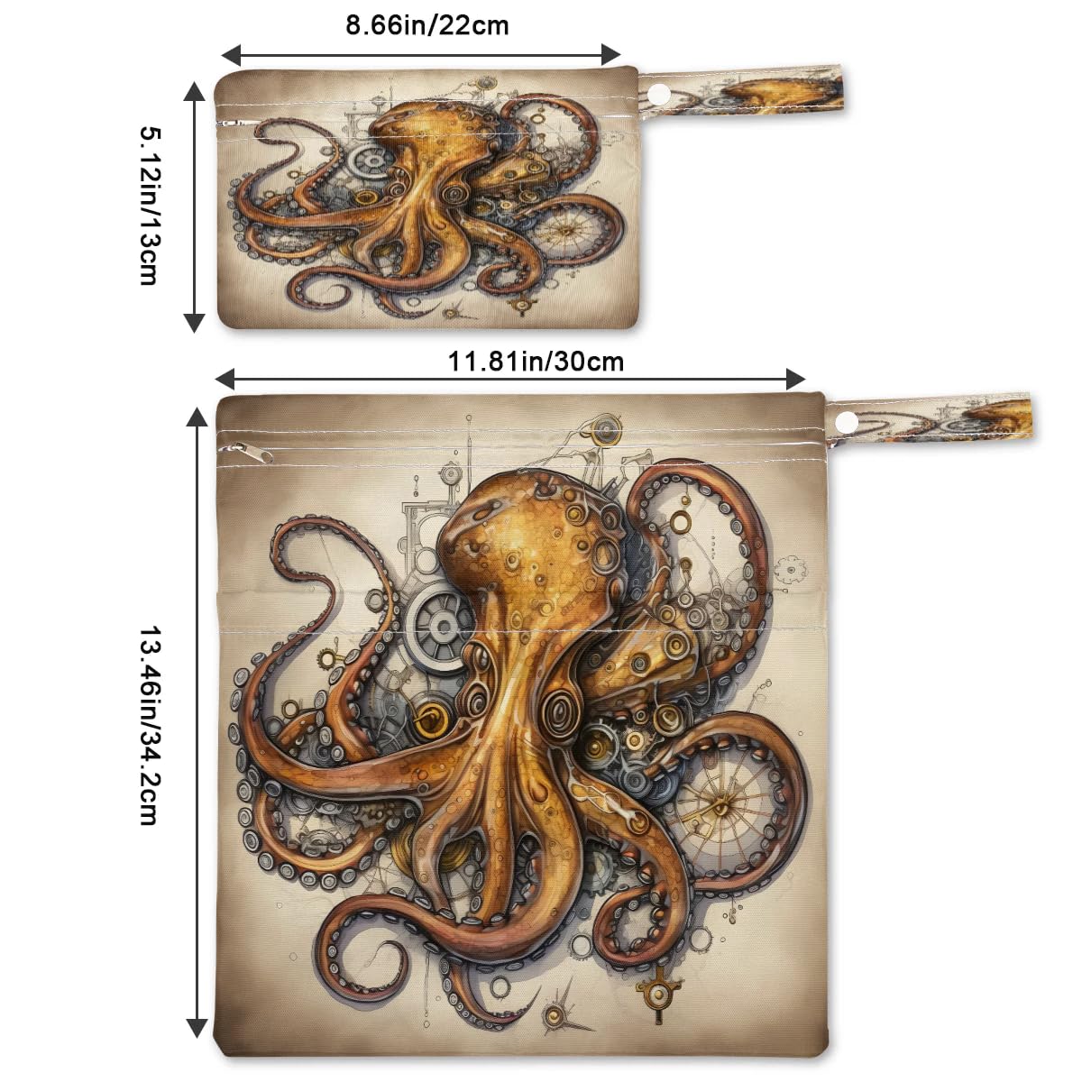 Retro Octopus Wet Dry Bag 2-Pack - Waterproof Travel Laundry Bag for Swimsuits, Cloth Diapers & Beach Essentials | Reusable Storage Organizer for Pool, Gym, Yoga & Baby Care | Perfect for Beach Trips, Swimming Lessons & Sports Activities