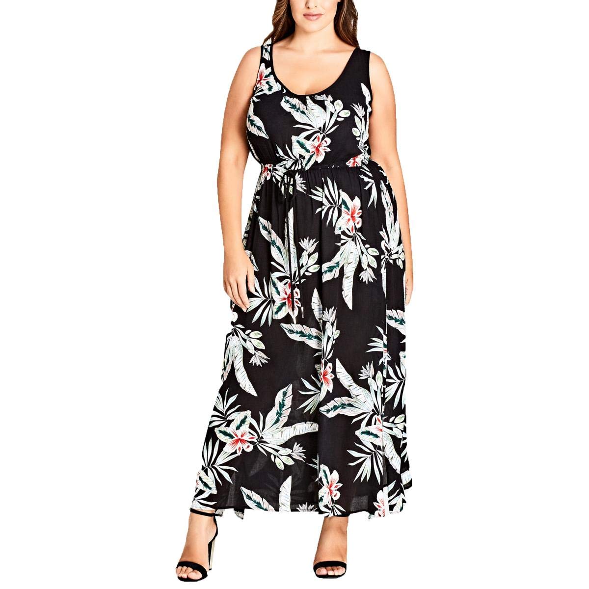 Plus Size Floral Print Tie-Waist Maxi Dress for Women - Black (Size 18) | Beach Cover Up, Summer Vacation, Boho Chic Outfit