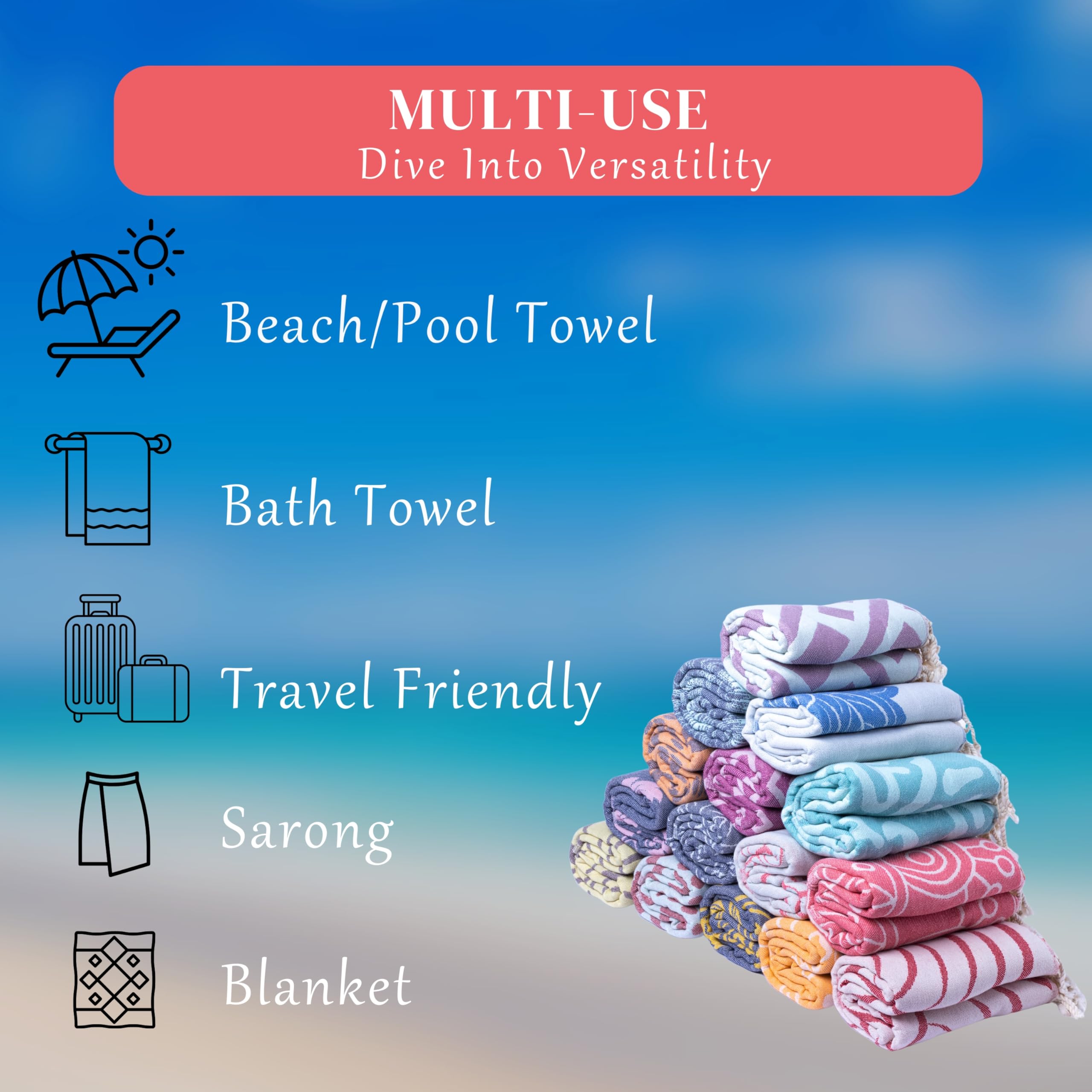 Large Turkish Beach Towel 69x37 Inch - Ultra Absorbent Quick Dry Lightweight Travel Towel for Pool, Beach, Yoga & Gym - Perfect Summer Vacation Accessory