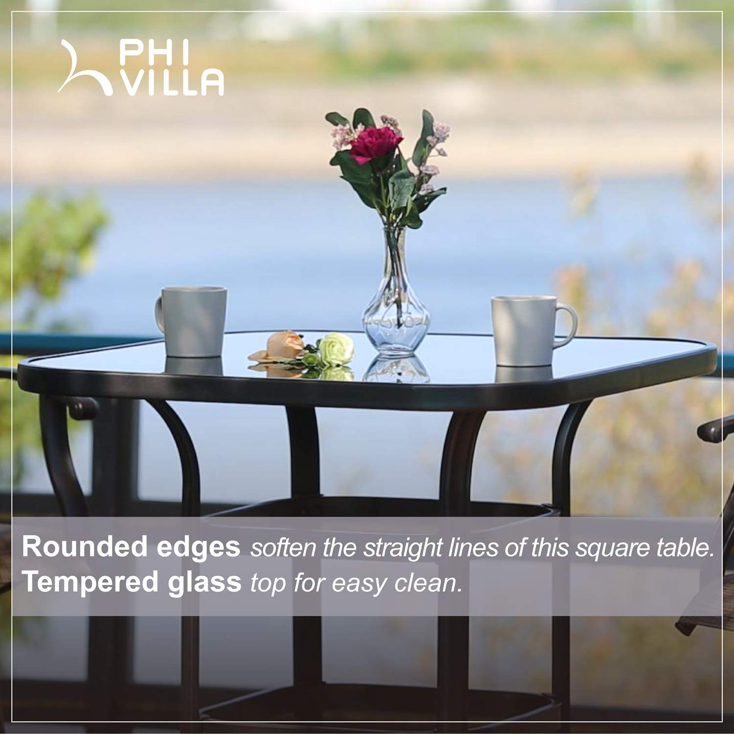 PHI VILLA 36 Inch Outdoor Bar Table - Black Metal Frame with Tempered Glass Top - Tall Patio Bistro Table for Garden, Poolside, Deck or Balcony - Weather-Resistant High Top Dining Table for Outdoor Entertaining