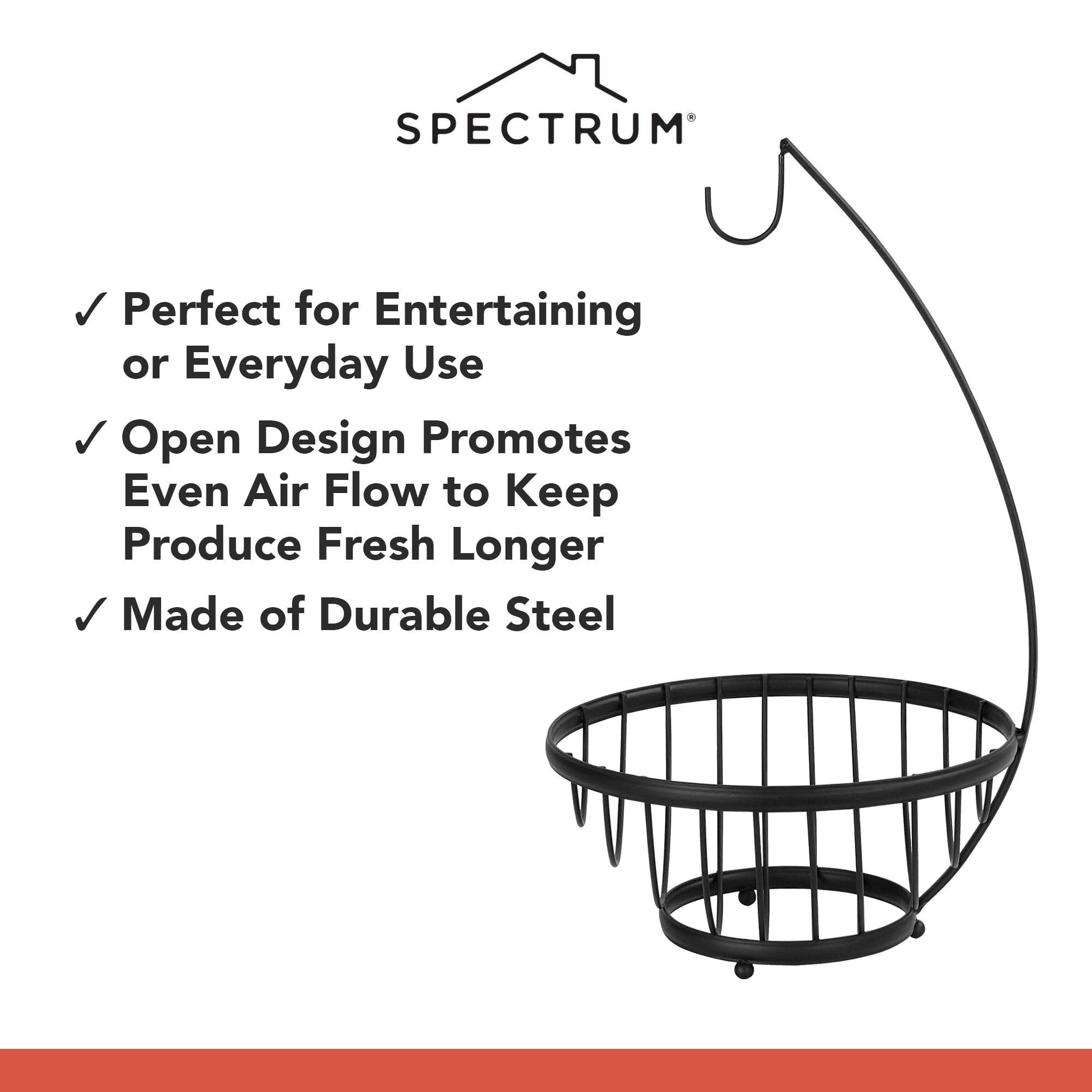 Spectrum Ashley Open Wire Fruit Basket with Banana Hanger - Rustic Kitchen Countertop Produce Storage for Bananas, Vegetables & Fruits - Perfect for Farmhouse, Modern & Small Kitchen Decor