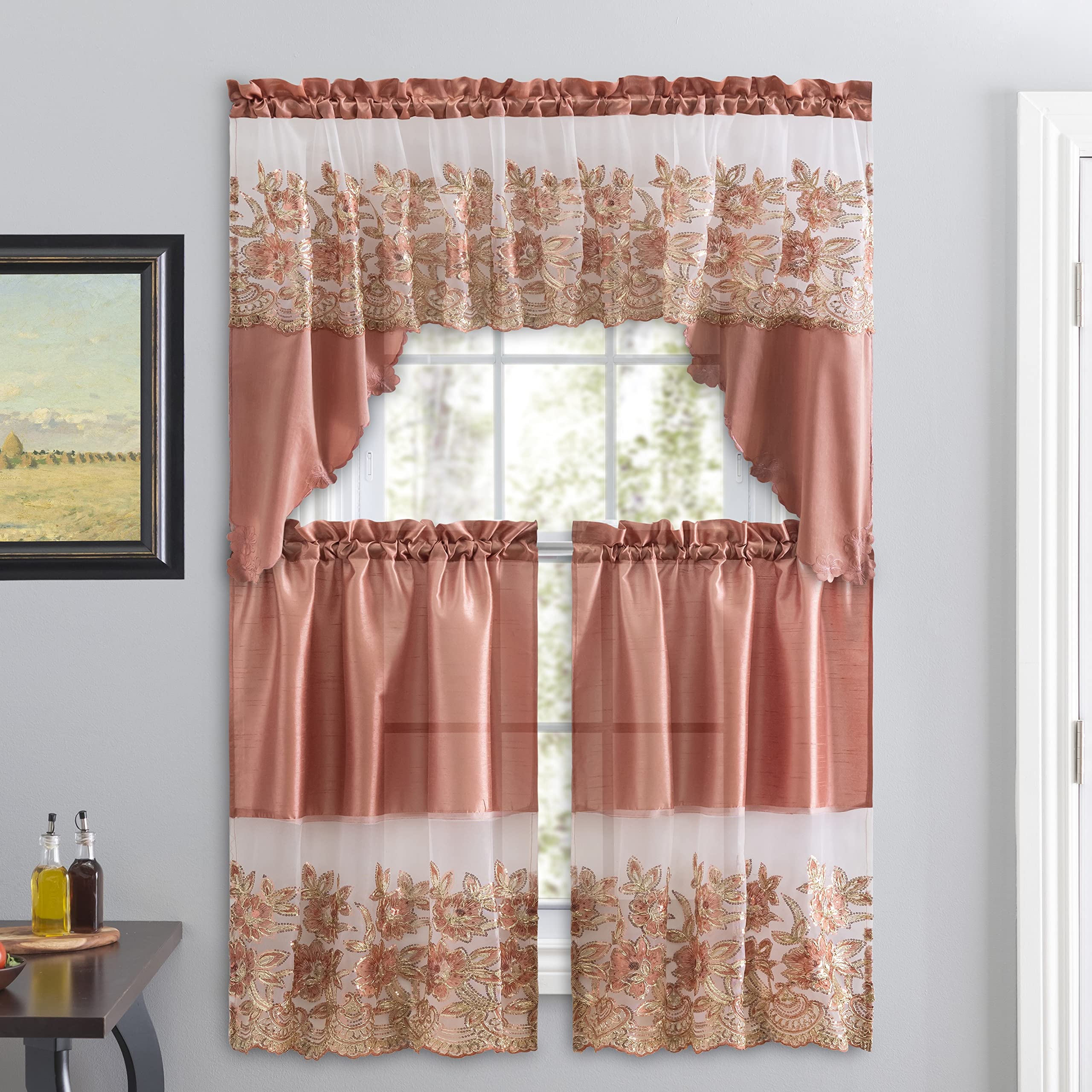 Linen 3-Piece Embroidered Window Curtain Set with Valance & Tiers - Blush Pink Kitchen, Living Room & Bathroom Curtains for Farmhouse & Boho Decor