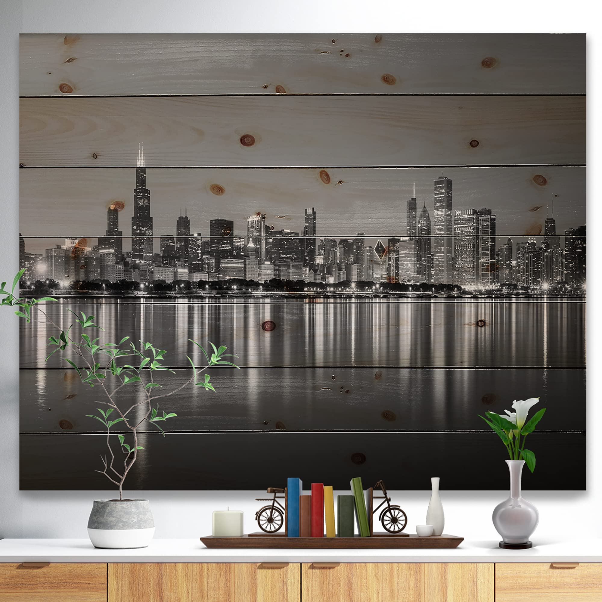 Chicago Skyline at Night Black and White Industrial Wood Wall Decor - Blue Wood Wall Art - Large Architecture Wood Panels Printed on Natural Pine - Perfect for Living Room, Office & Modern Home Decor