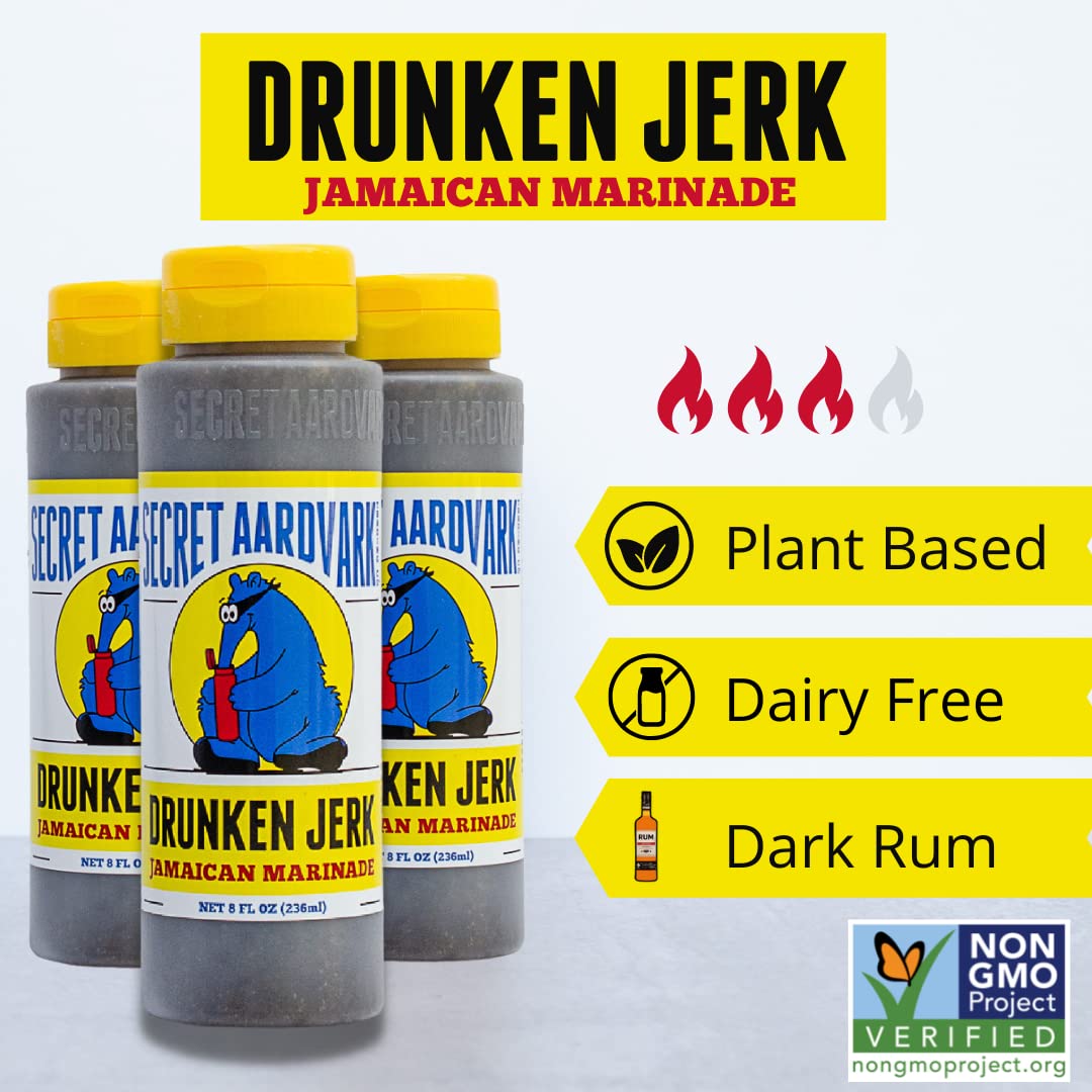 Secret Aardvark Drunken Jerk Hot Sauce - Authentic Jamaican Jerk Sauce & Marinade with Habanero Peppers, Soy Sauce & Spices | Non-GMO, Low Carb, Gluten-Free | Perfect for Grilling, BBQ, Chicken, Seafood & Tacos - 8 fl oz Bottle (1 Pack)