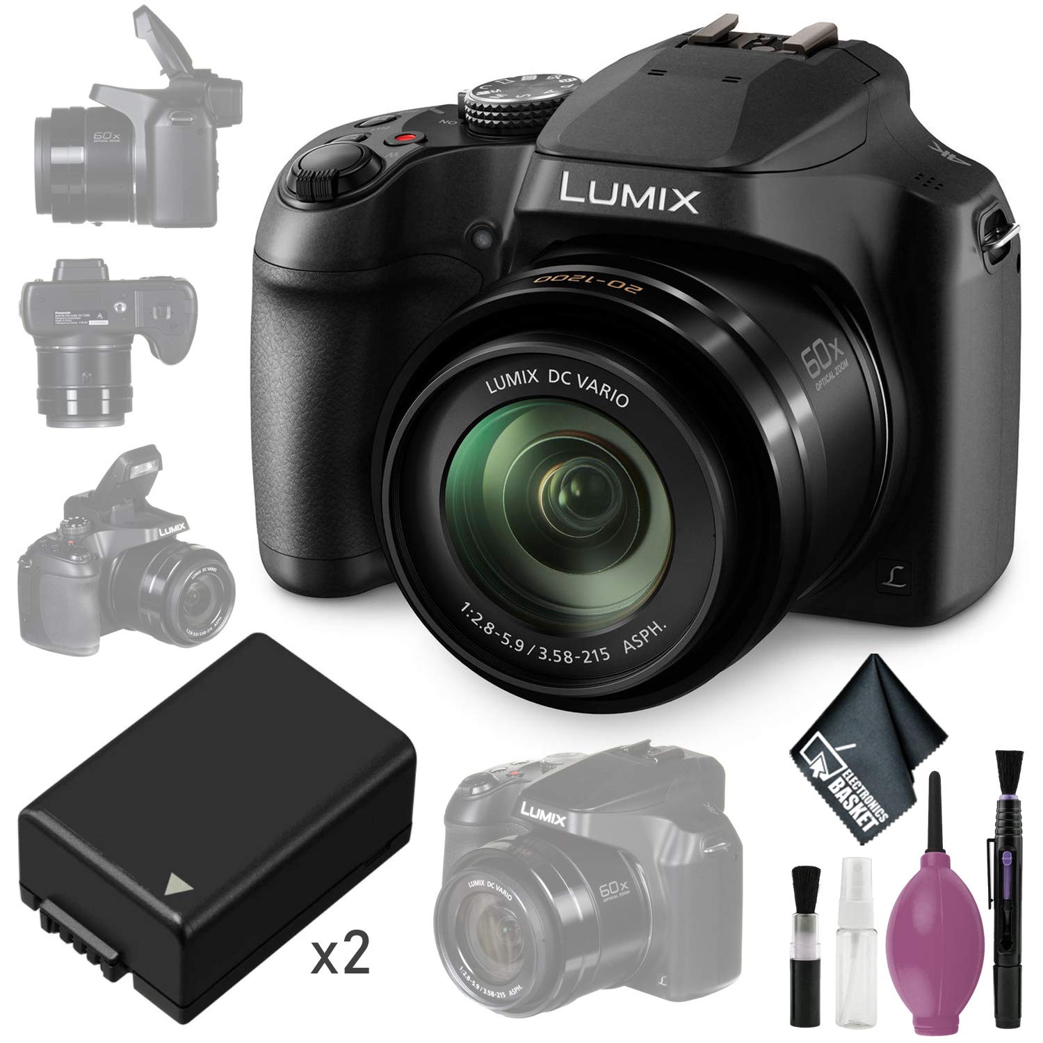 Panasonic Lumix DC-FZ80 4K Digital Camera with 60x Zoom Lens - Includes Cleaning Kit & 2x DMW-BMB9/Leica BPDC9 Batteries - Perfect for Travel, Wildlife Photography & Vlogging