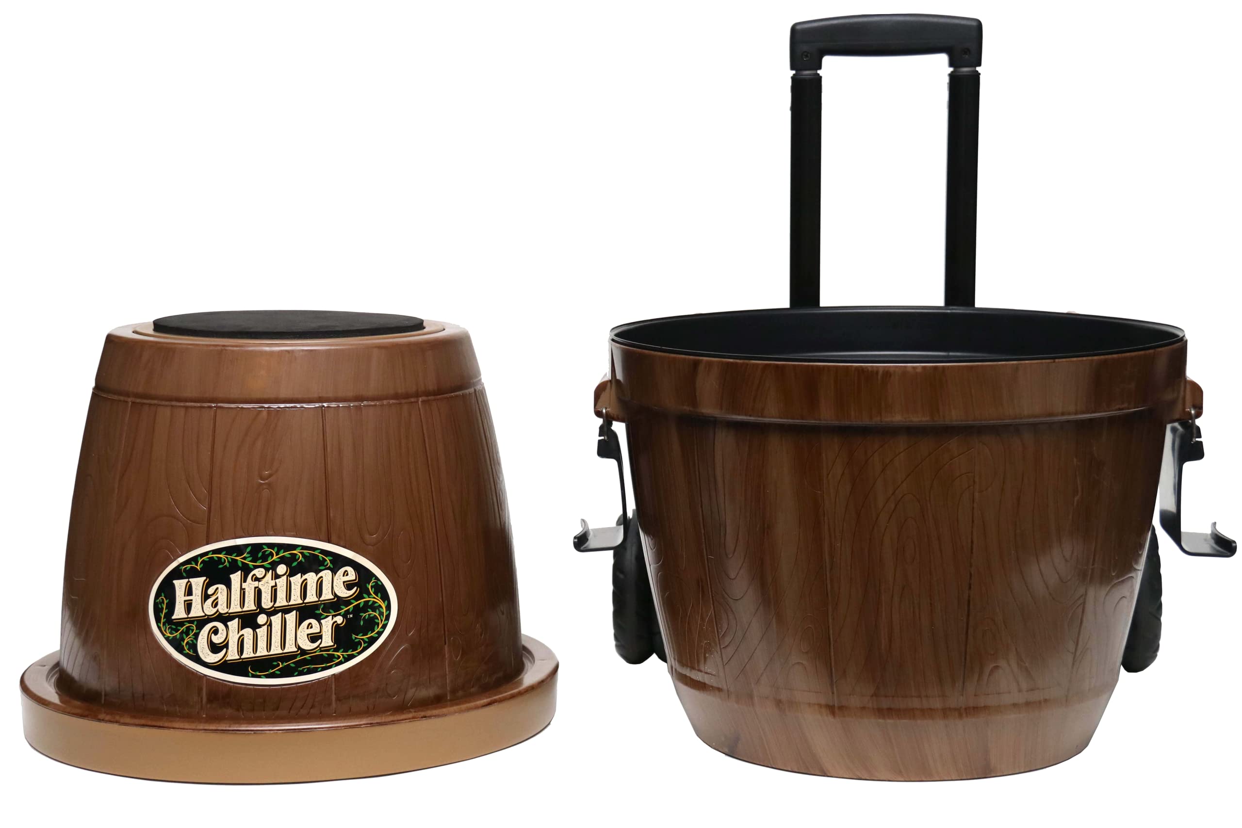 Halftime Chiller Rolling Cooler - Portable Insulated Cooler with Built-in Storage Tray, Seat, Telescoping Handle & Exterior Pockets | Perfect for Tailgating, Camping, Beach Trips & Outdoor Events