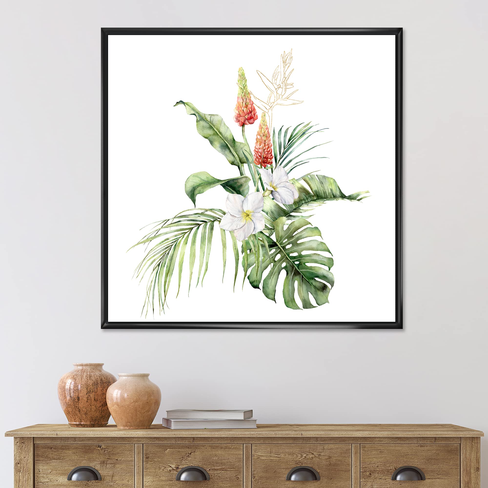 DesignQ Tropical Bouquet With Lupine Plumeria Palm Leaves - Traditional Framed Canvas Wall Art Print - Perfect for Beach House Decor, Living Room & Bedroom Wall Decor