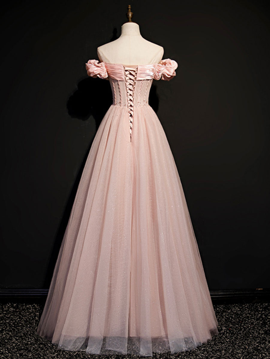 Elegant A-Line Pink Long Prom Dresses with Beading - Sparkly Tulle Formal Graduation Gowns for Women | Perfect for Homecoming, Quinceañera & Special Occasions