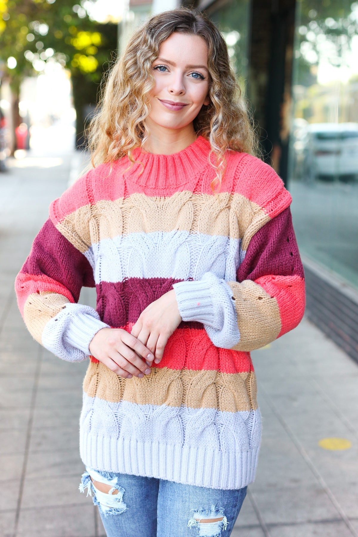 Rust & Multicolor Striped Cable Knit Mock Neck Sweater for Women | Cozy Fall & Winter Pullover | Perfect for Casual Outfits, Office Wear & Holiday Gatherings