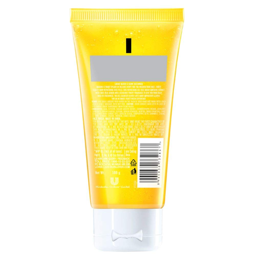 Lakmé Blush and Glow Lemon Freshness Gel Face Wash with Lemon Extracts - 100g | Refreshing Cleanser for Oily & Acne-Prone Skin | Daily Skincare Routine & Morning Face Wash