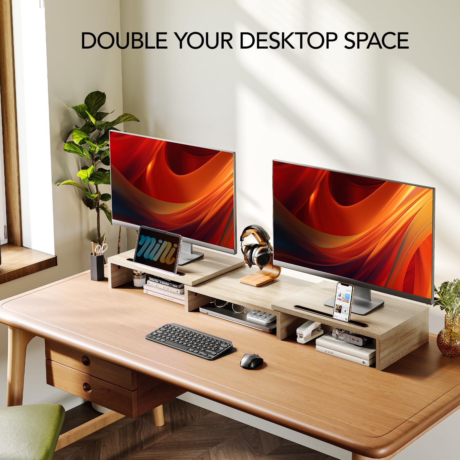 AMERIERGO Dual Monitor Stand Riser - Adjustable 3 Shelf Computer Desk Organizer with Extra Slots for PC, Laptop, Home & Office Workspace (Light Wood) - Perfect for Ergonomic Setup and Clutter-Free Workspace