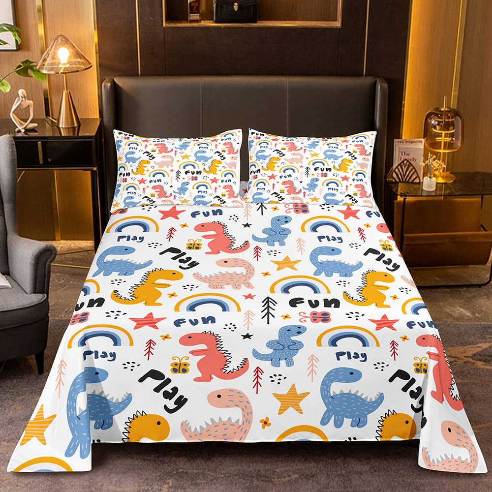Dinosaur Bed Sheet Set Queen Size - Soft Microfiber Flat & Fitted Sheet with 2 Pillowcases for Kids Boys Girls - Jurassic Themed Bedding for Children's Room, Dorm, Sleepover & Birthday Gift