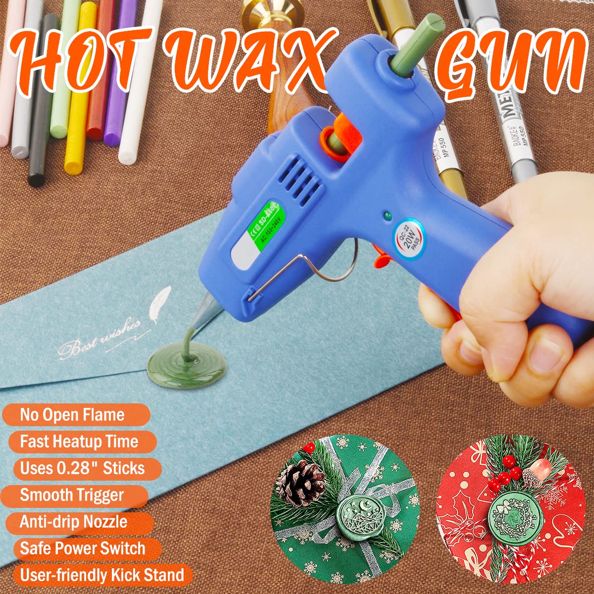 Wasole 20W Sealing Wax Glue Gun for 0.28 Inch Wax Sticks - Olive Green Hot Melt Glue Gun for Wedding Invitations, Birthday Cards, Envelopes & DIY Crafts - Perfect for Wax Sealing, Gift Wrapping and Decorative Projects