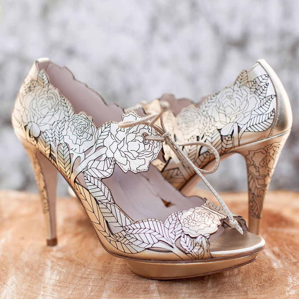 Peony Champagne Gold Metallic Laser Cut Floral Sandals - Elegant Women's Summer Wedge Heel Sandals for Weddings, Parties & Beach Vacations