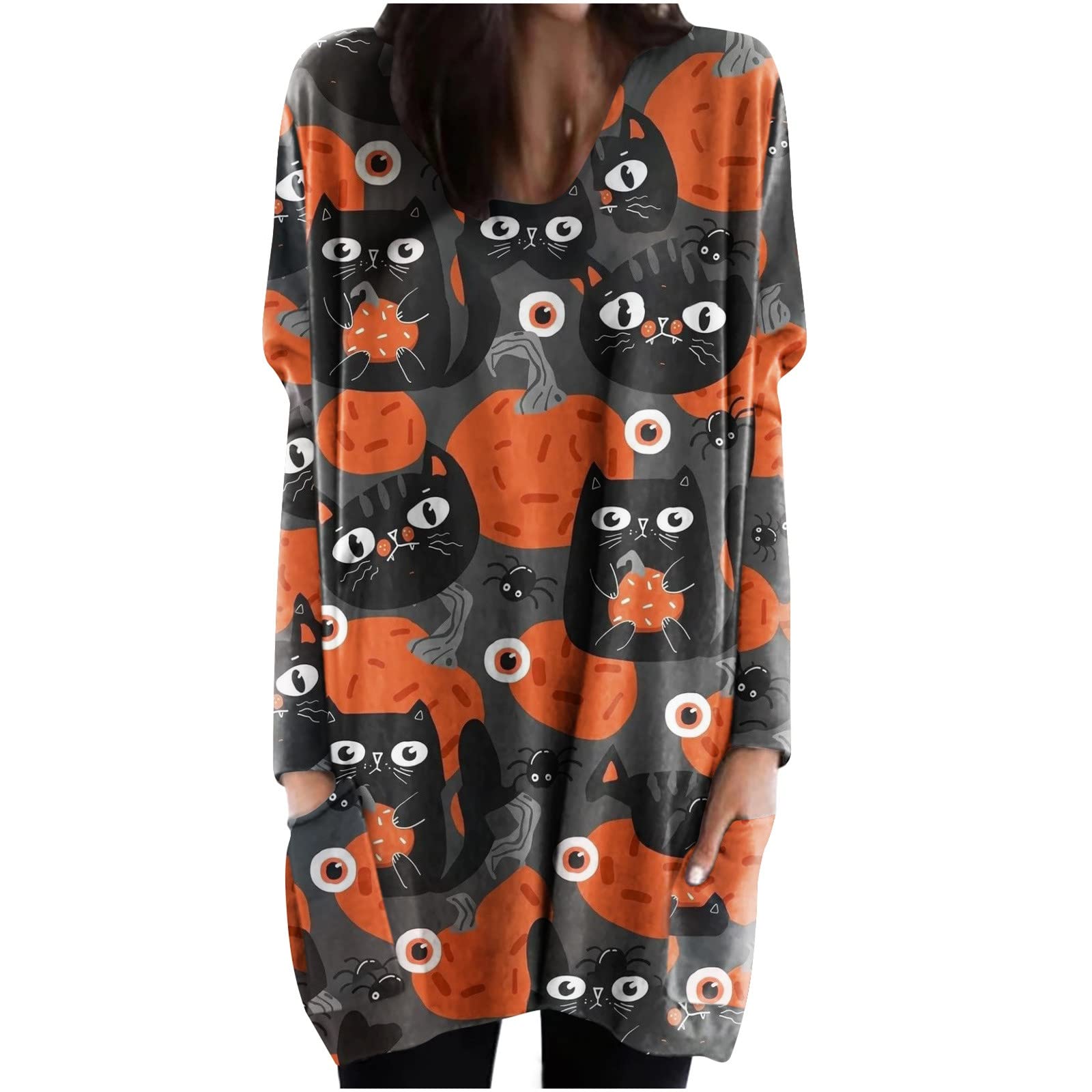 Vintage Halloween T-Shirts for Women - Soft Round Neck Pumpkin Cat Print Blouse with Pockets | Comfortable Fall Party Outfit for Trick or Treat, Costume Parties & Casual Wear