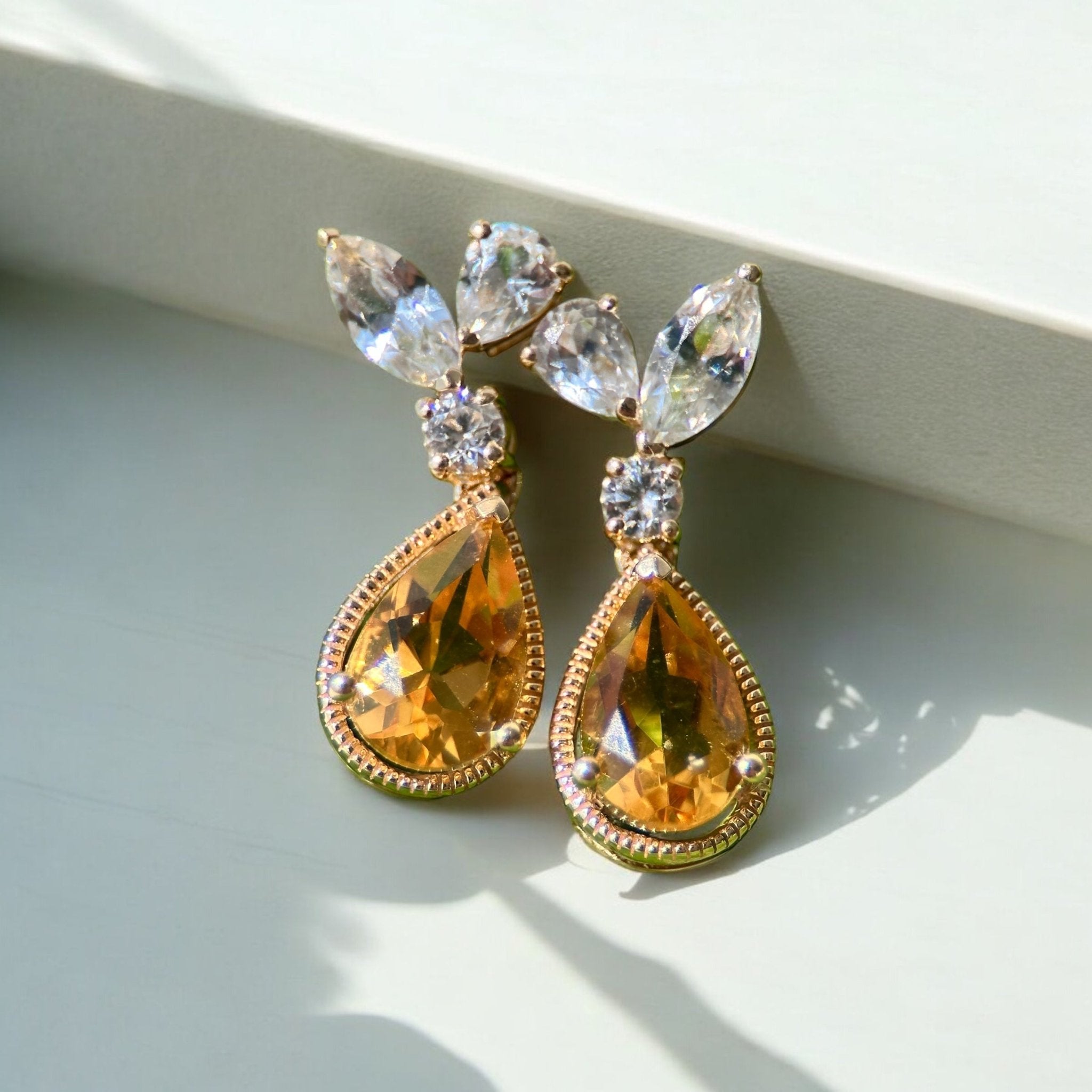 10k Yellow Gold Pear Cut Citrine and Sapphire Dangle Earrings for Women - Elegant Jewelry Gift for Birthday, Anniversary & Special Occasions
