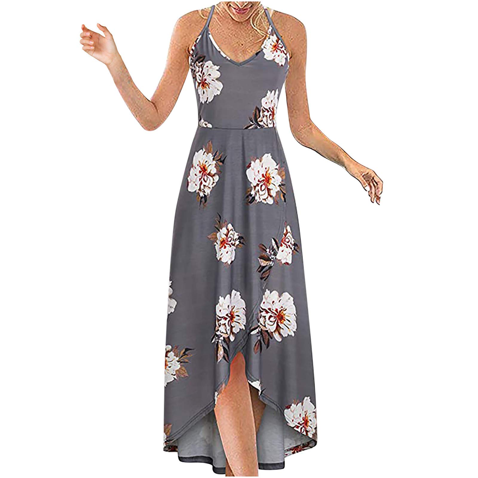 Women's Summer Floral Maxi Dress - V Neck Sleeveless Open Back Long Sundress with Asymmetric Hem | Perfect for Beach Vacations, Date Nights & Summer Parties