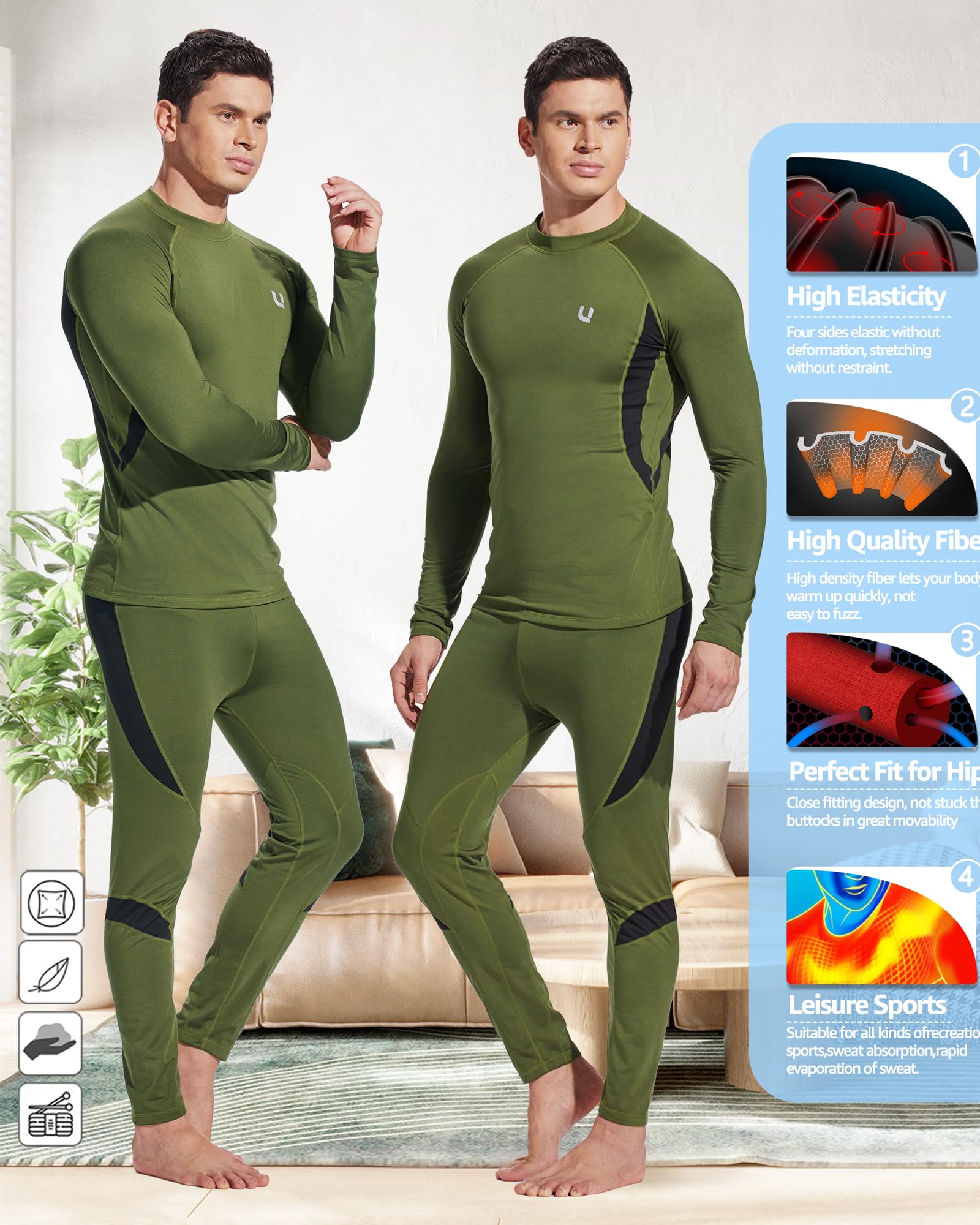 UNIQUEBELLA Men's Thermal Underwear Set - Fleece Lined Top & Bottom Base Layer for Cold Weather, Quick Dry Moisture Wicking Winter Underwear for Outdoor Activities, Skiing & Snowboarding