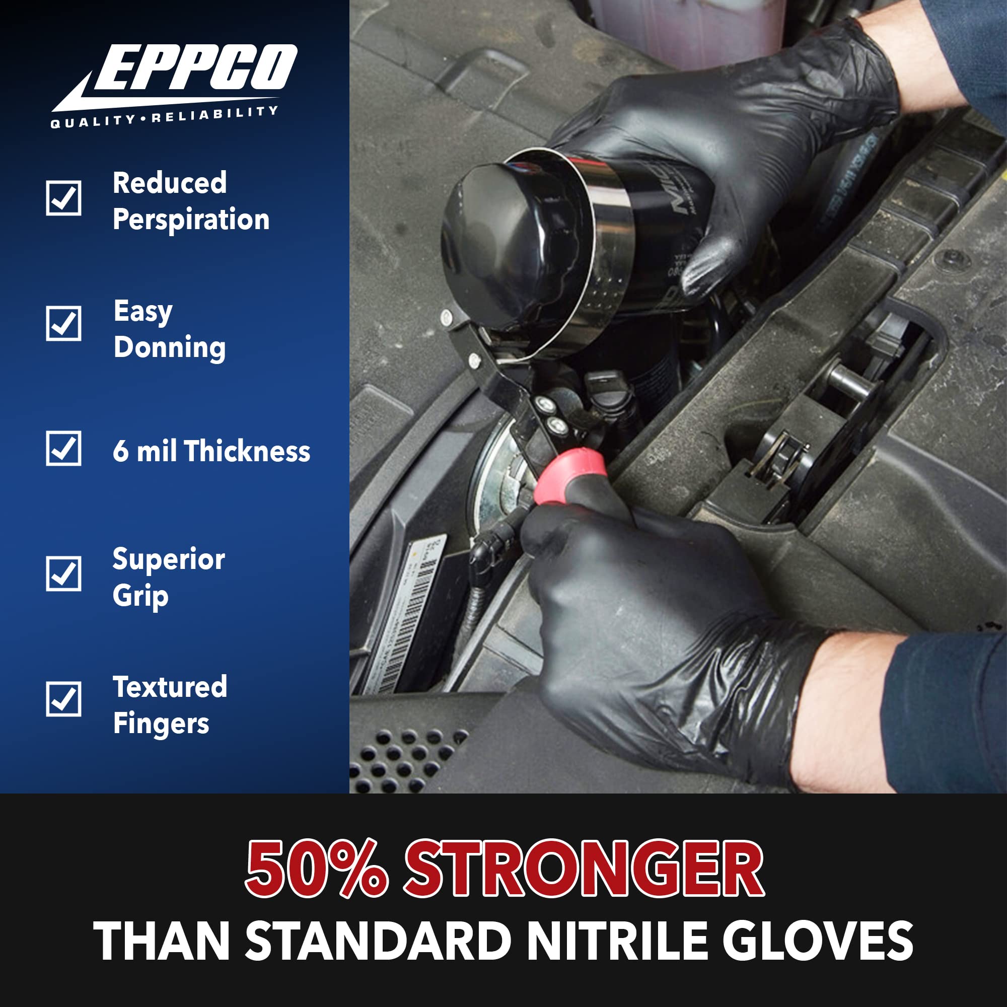 EPPCO Grease Bully 6-Mil Black Nitrile Gloves - Disposable, Powder-Free & Latex-Free with Textured Grip - Heavy Duty Work Gloves for Mechanics, Automotive Repair, Food Handling & Industrial Use
