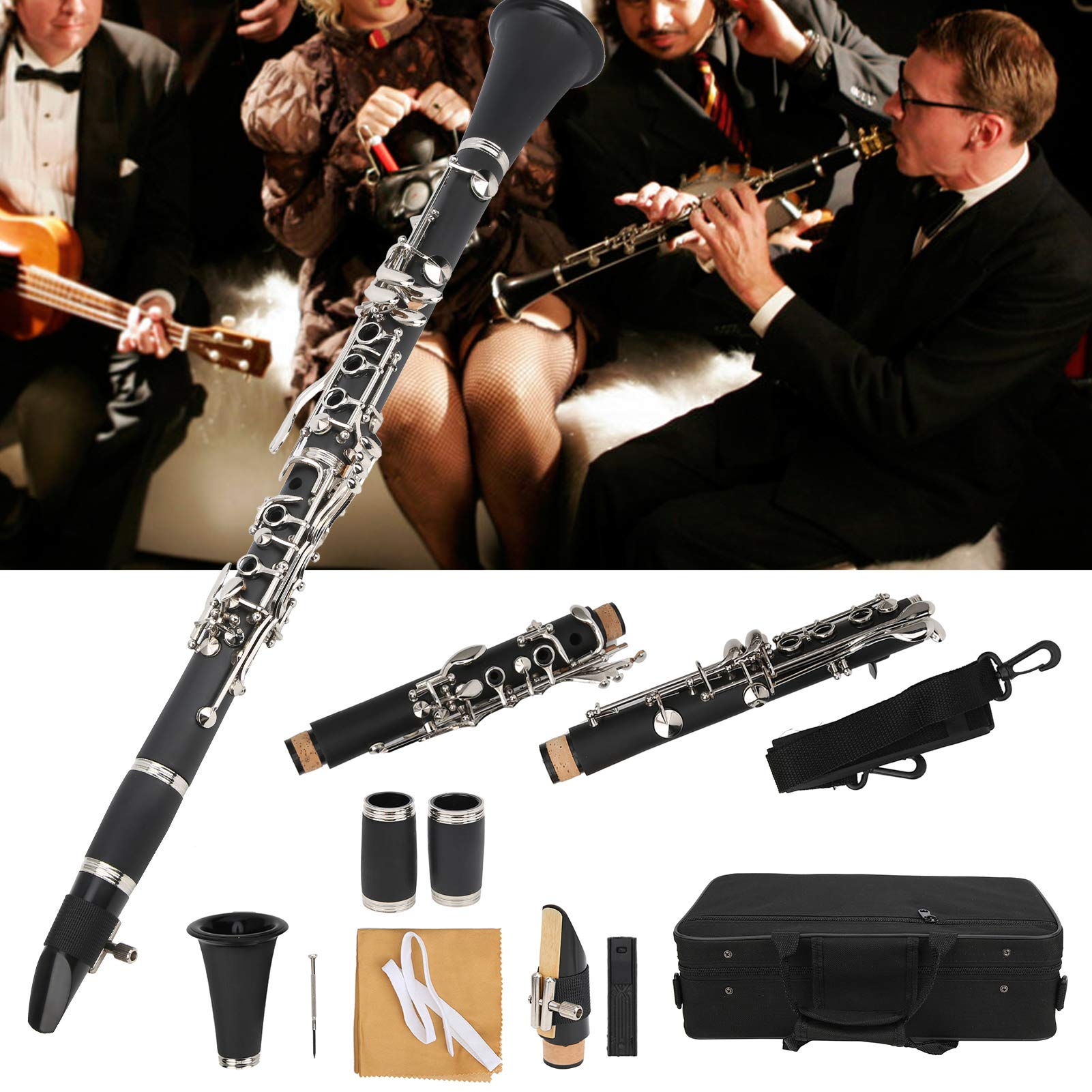Professional Bb Clarinet with 17 Nickel Keys - Best Beginner Student Clarinet for Woodwind Band & Orchestra - Includes Hard Case & Cleaning Kit (Black) - Perfect for School Performances, Music Practice & Marching Band
