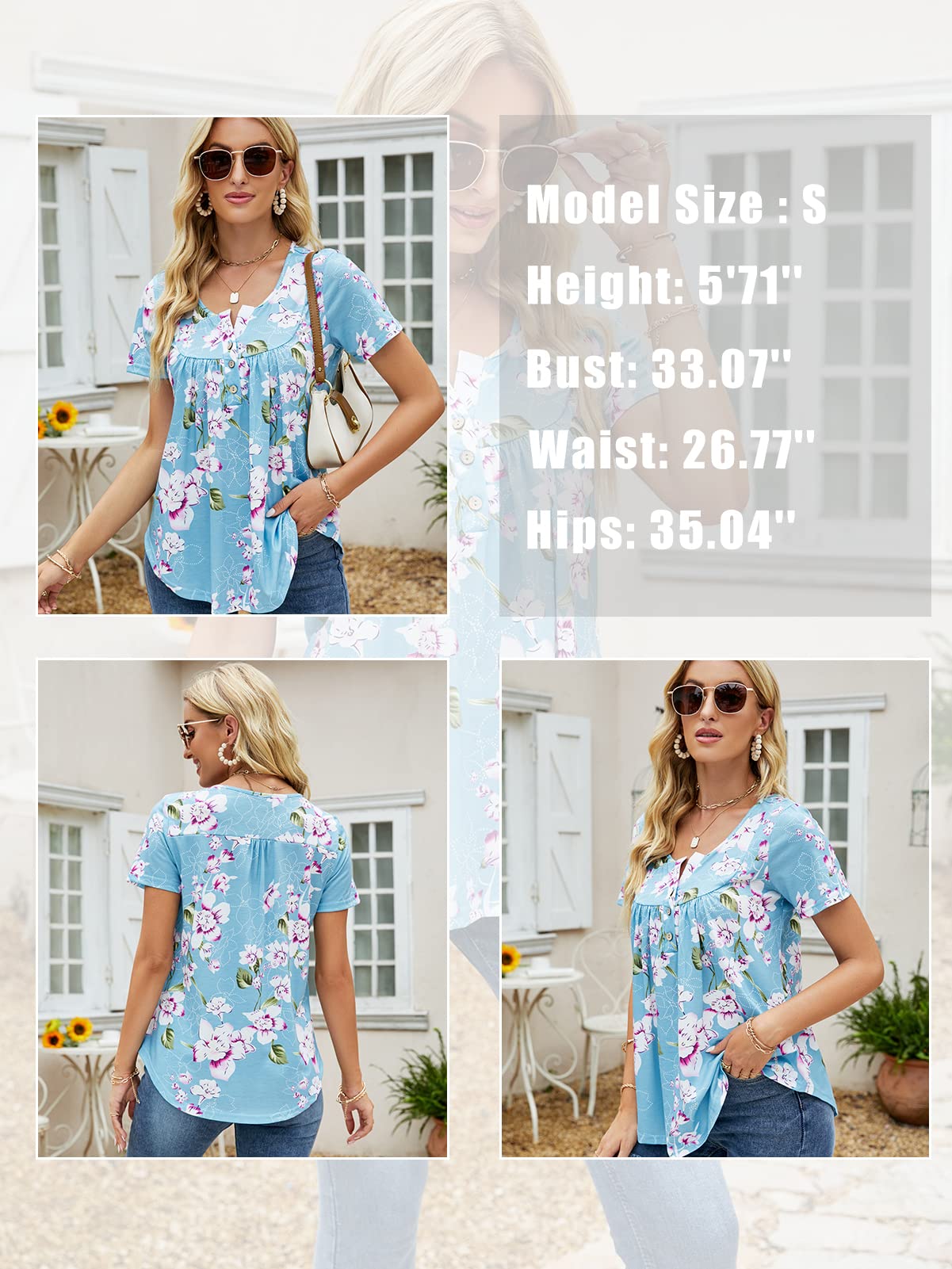 Women's Summer Henley Shirts - V-Neck Button Up Blouses & Flowy Pleated Tunics for Casual Wear, Office Outfits & Vacation Style