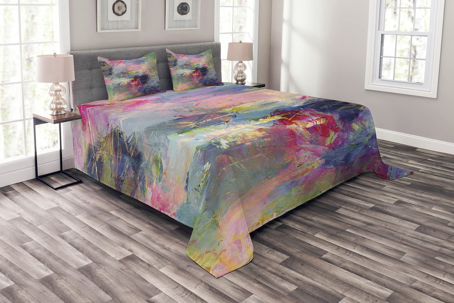 Ambesonne Oil Painting Bedspread Set - King Size Contemporary Brushstroke Print Quilted Coverlet with 2 Pillow Shams | Pastel Mixed Colors Home Decor | Perfect for Master Bedroom, Guest Room & Bohemian Style Decorating