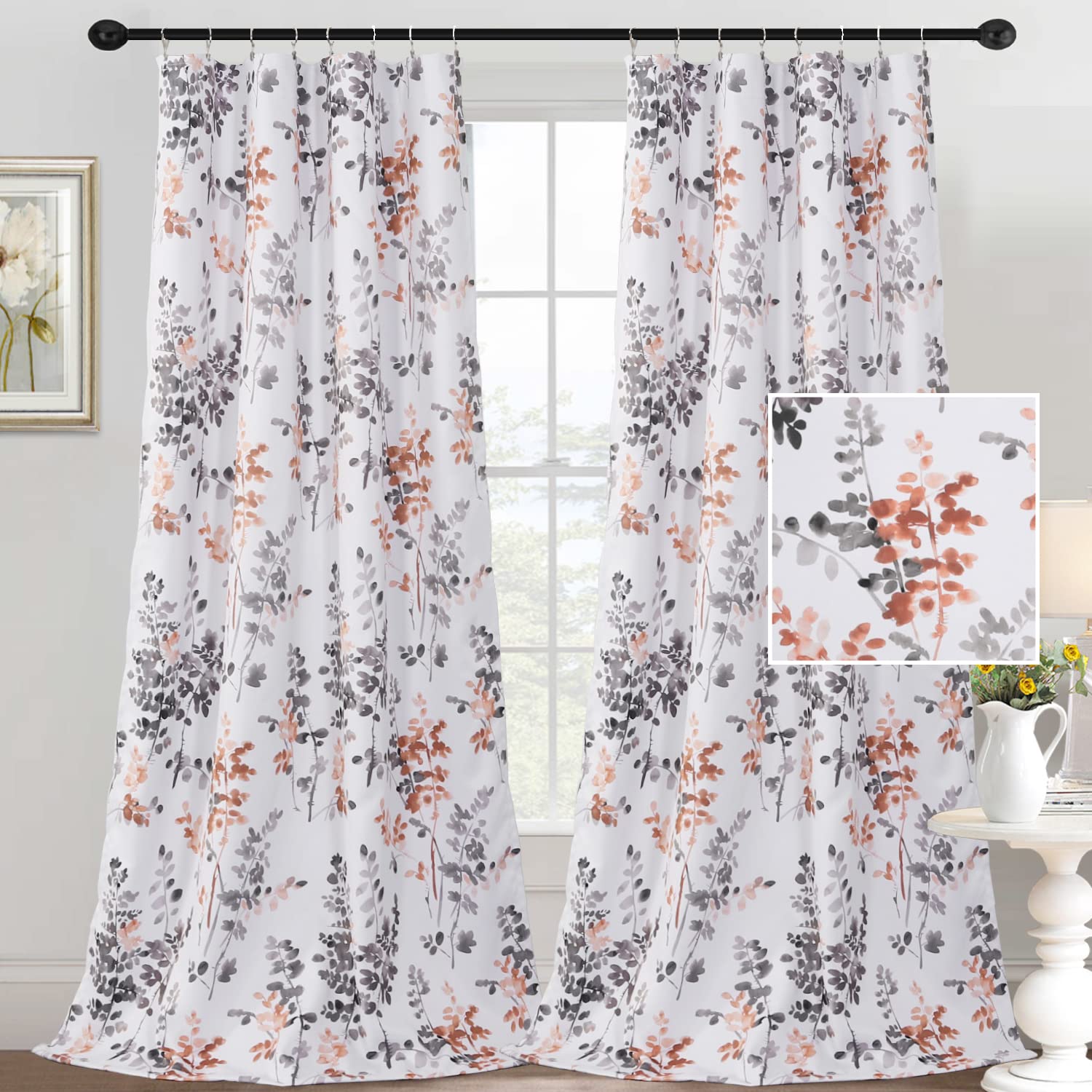 H.VERSAILTEX Floral Curtains 95 Inches Long - Blackout Curtains for Bedroom with Rod Pocket, Printed Classical Floral Pattern in Grey & Coral (Set of 2 Panels) - Perfect for Living Room, Nursery & Home Decor