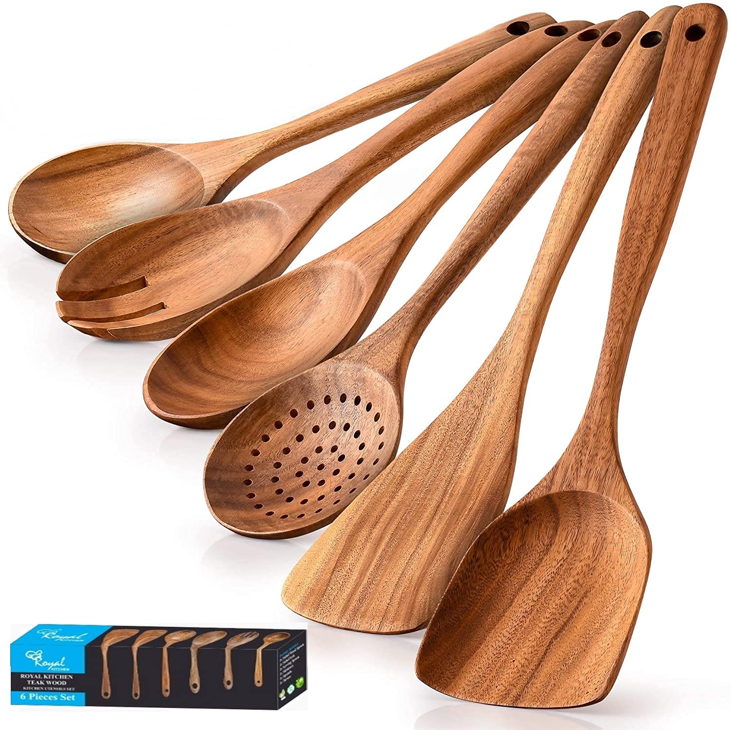 Premium Wooden Kitchen Utensil Set - 6-Piece Non-Stick Safe Cooking Tools with Wooden Spoons & Spatulas for Baking, Stirring & Serving - Ideal for Home Chefs & Eco-Friendly Kitchens