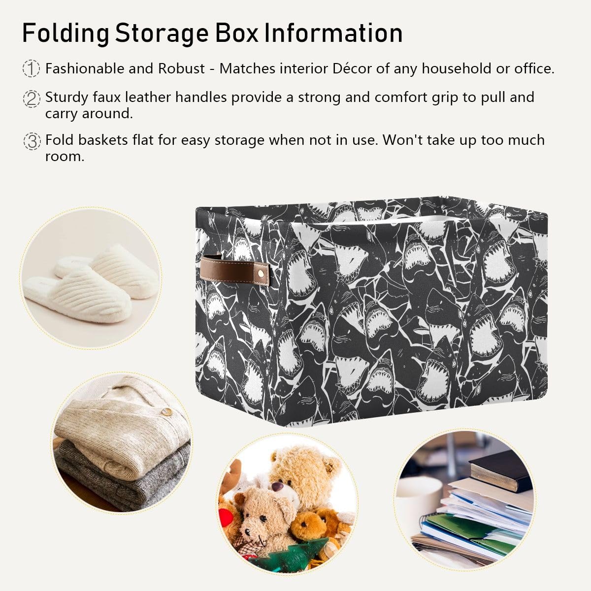 Angry Sharks Black Collapsible Storage Basket with Handles - 2 Pack Foldable Decorative Organizer for Clothes, Toys, Books | Perfect for Bedroom, Nursery, Playroom & Office Organization
