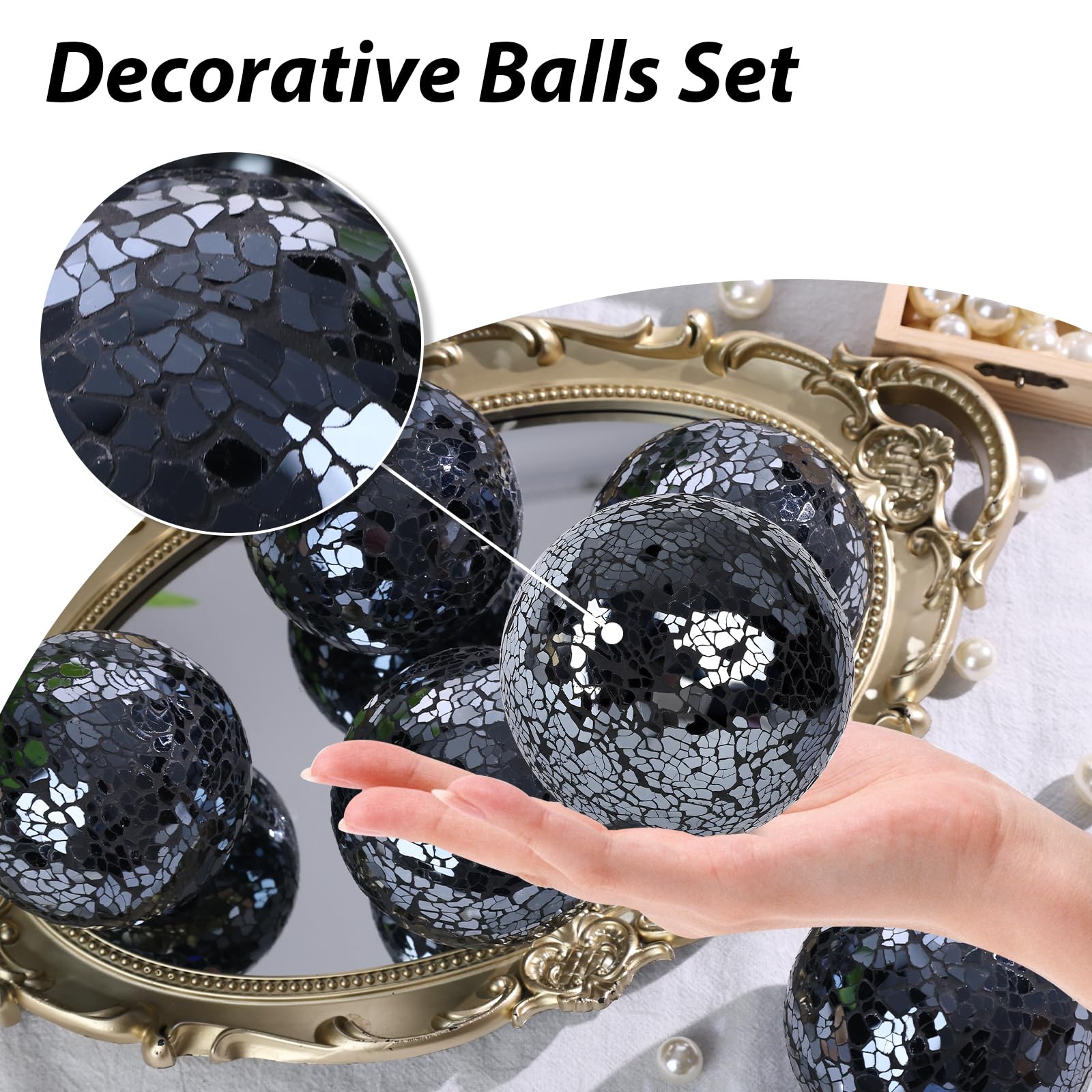 FUTUREPLUSX 5PCS 3.2 Inch Black Mosaic Glass Decorative Balls - Elegant Centerpiece Orbs for Bowls, Vases, Tables, Wedding & Party Decorations - Perfect for Home, Office, and Event Decor