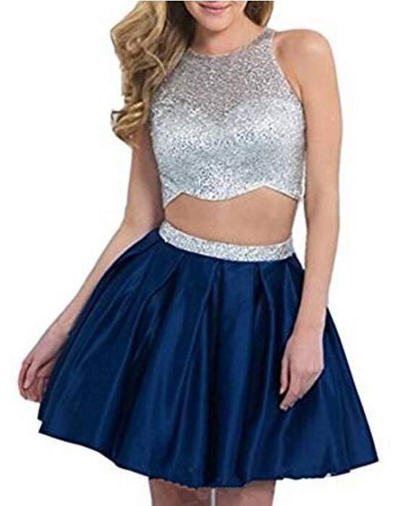 Emanni Women's Two-Piece Sheer Neck Shiny Party Dress - Homecoming, Prom, Evening Gala & Special Occasion Outfit in Elegant Blue