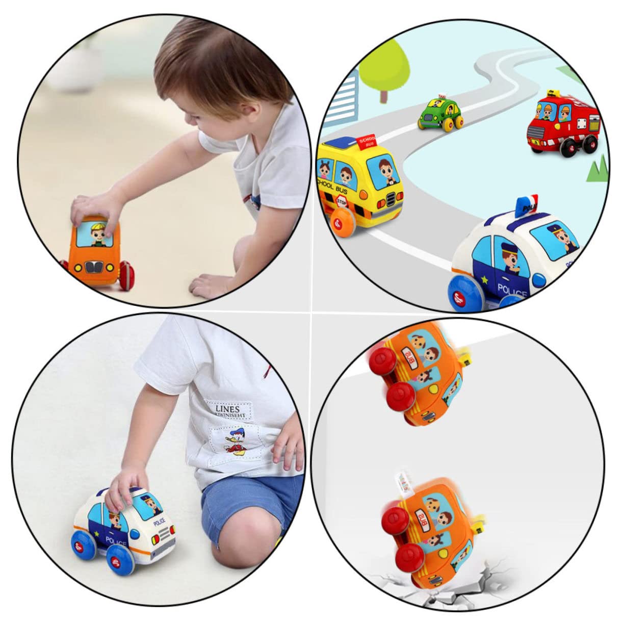 Vaguelly 4-Piece Fabric Pull-Along Cartoon Vehicle Toy Set for Toddlers - Early Learning Car Toys with Fraction Design - Perfect for Playtime, Cognitive Development & Road Trip Entertainment