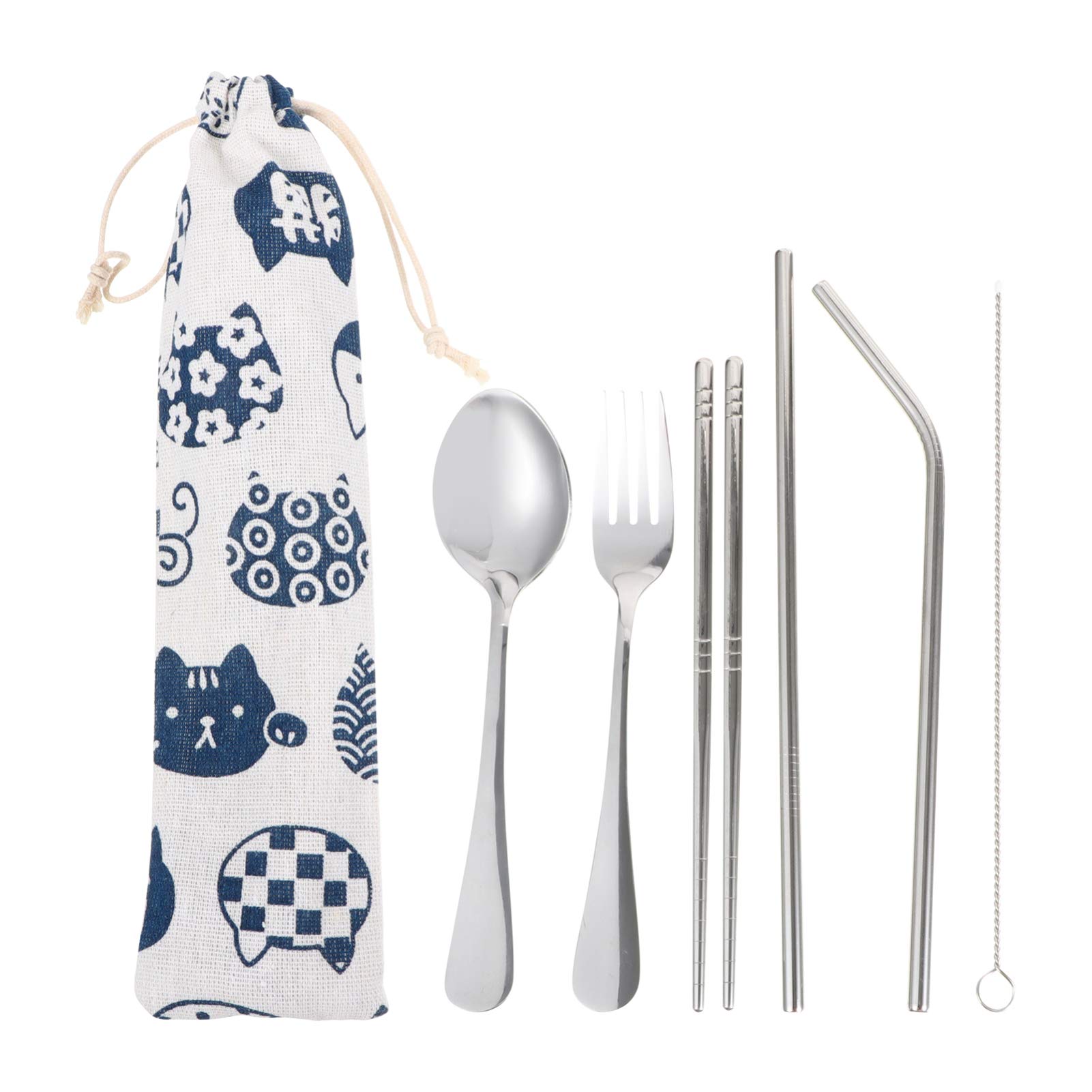 **Hemoton 6-Piece Portable Stainless Steel Cutlery Set - Spoon, Fork, Chopsticks & Straw with Carry Bag for Camping, Travel, Office & Outdoor Dining**