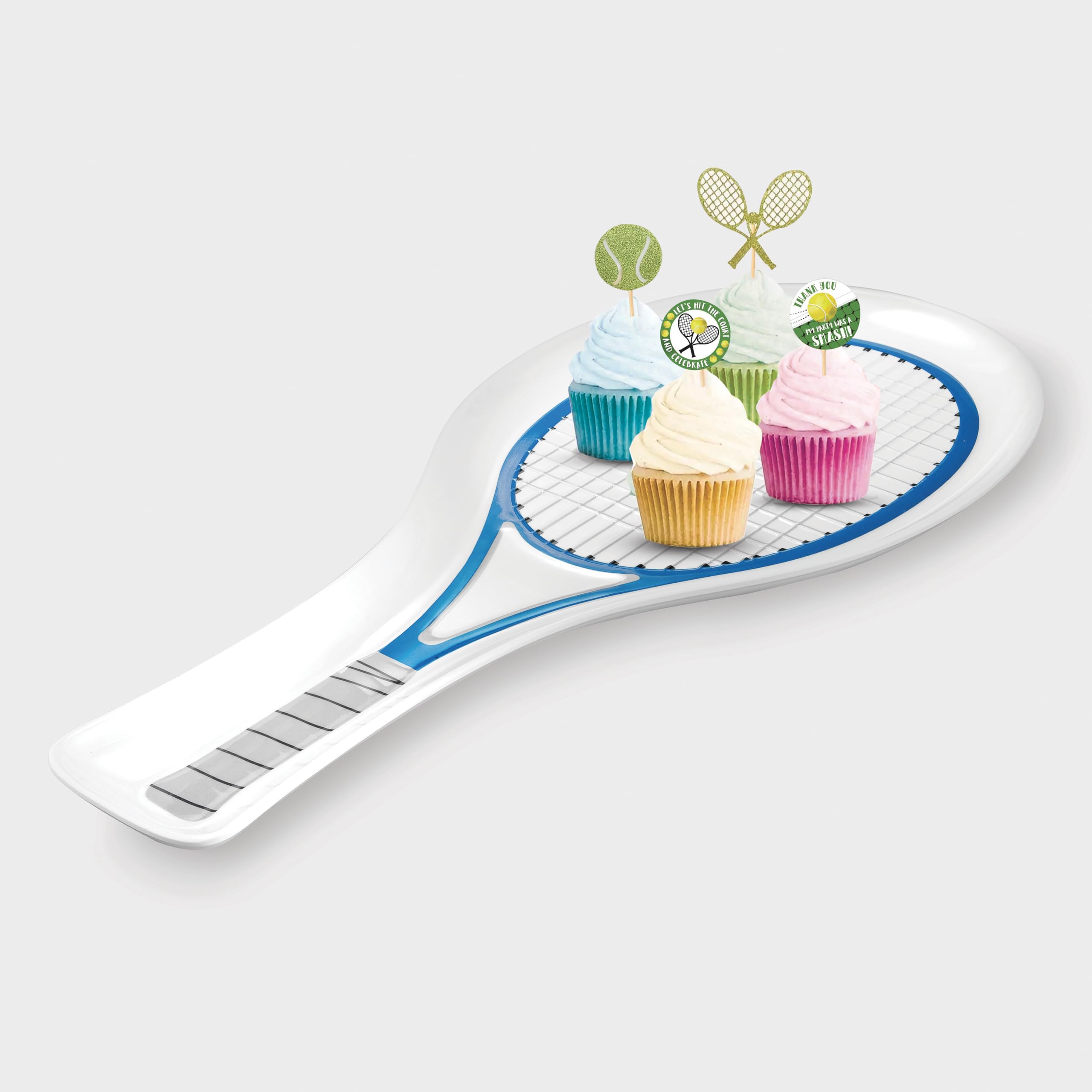 UPware Tennis Racquet Melamine Serving Platter - Sports Themed Party Tray for Snacks, Appetizers & Desserts - Blue Tennis Design - 21 x 9.5 Inch - Perfect for Tennis Parties, Game Day Snacks & Sports-Themed Events