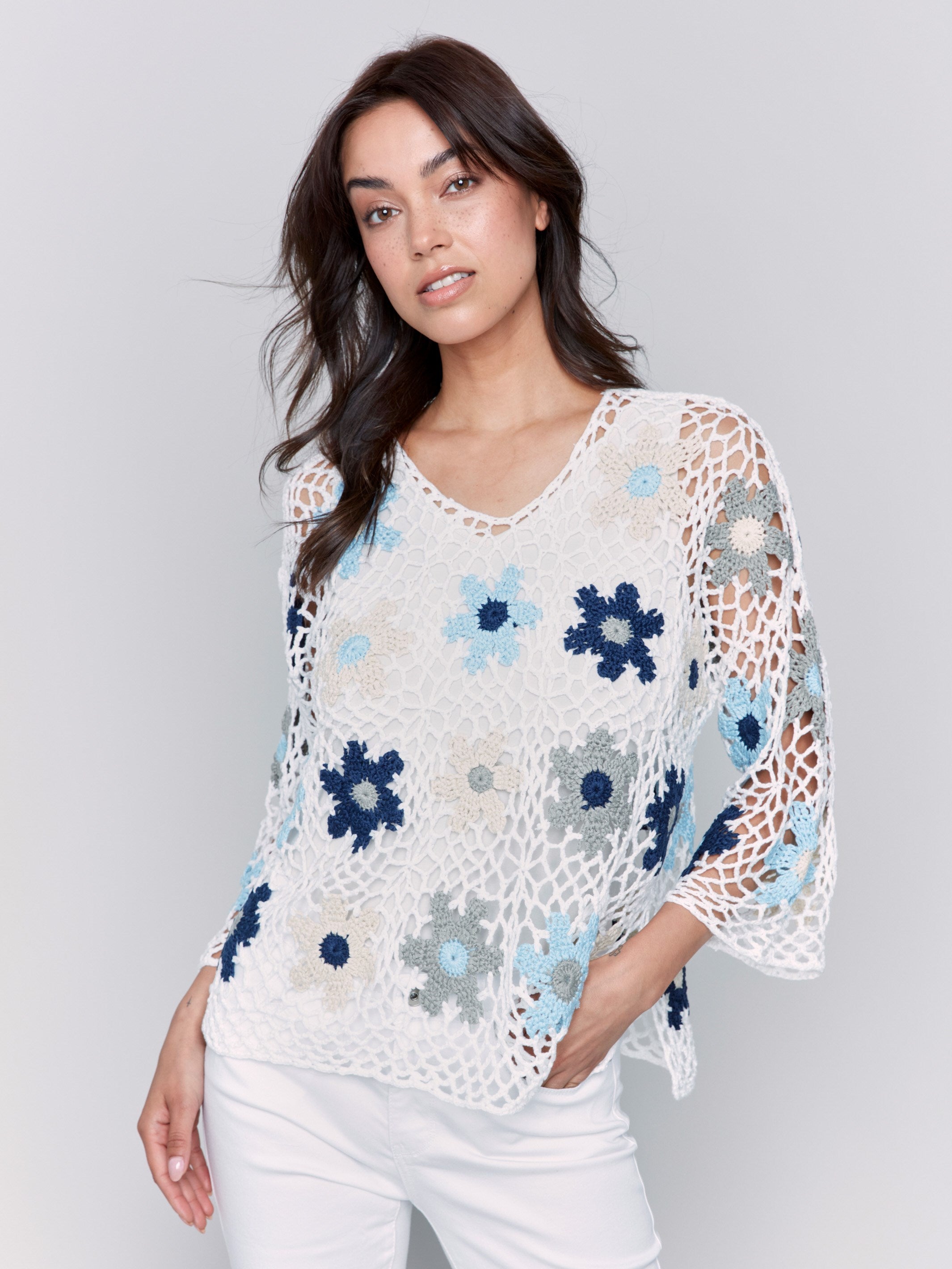 Handmade Floral Crochet Top for Women - Blue Boho Summer Blouse - Perfect for Beach Vacations, Music Festivals & Casual Outings