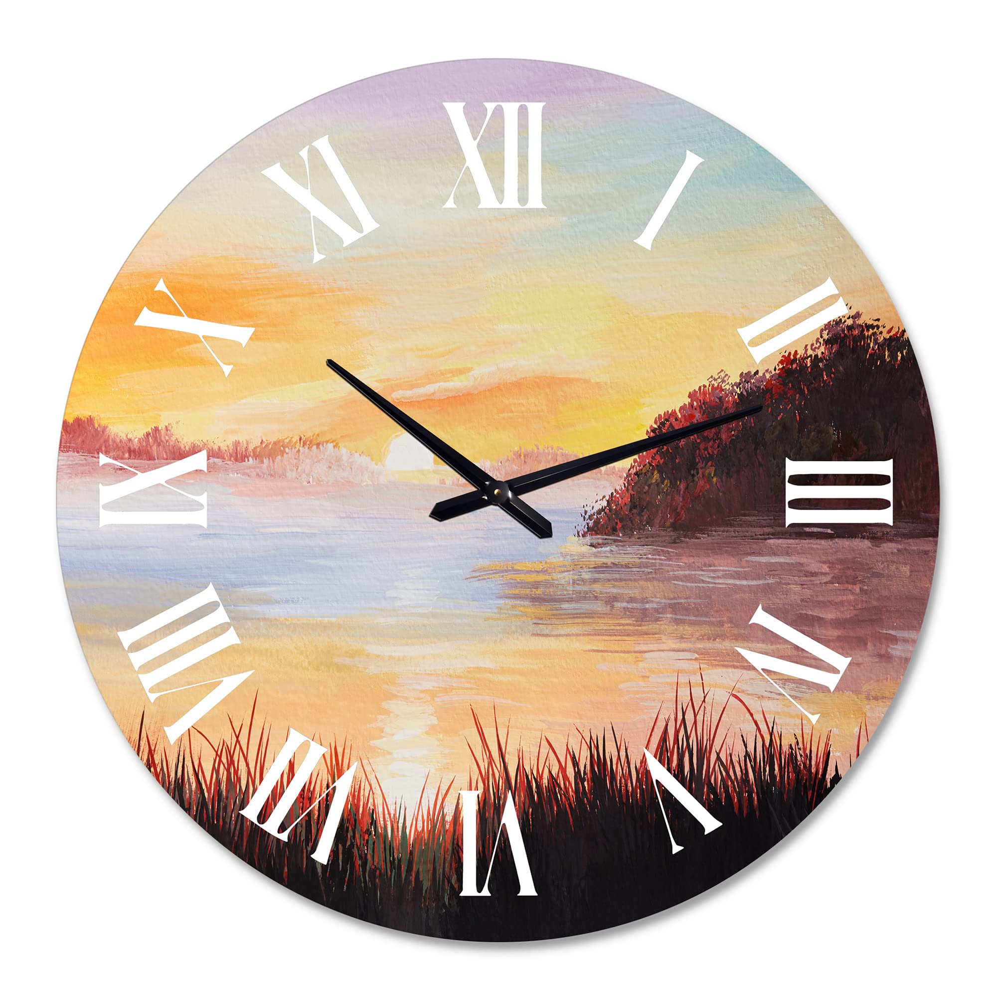 DesignQ Nautical Coastal Wall Clock - 'On The Lake with The Reeds' Landscape Nature Decor - Large 20 Inch Silent Non-Ticking Wall Clock for Living Room, Office, Beach House & Coastal Home Decor