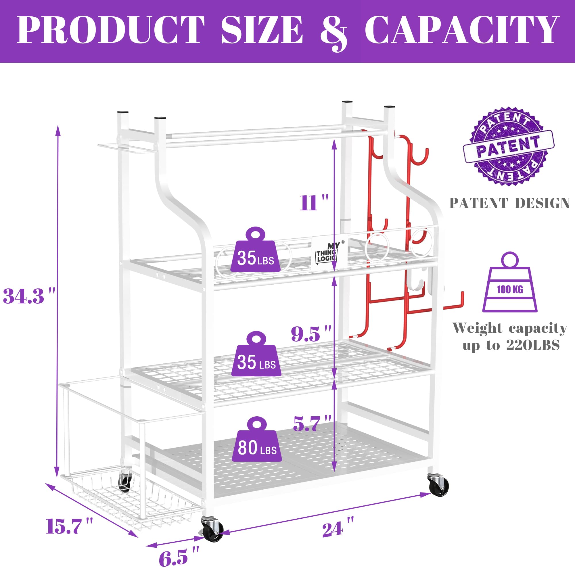 Mythinglogic Yoga Mat & Home Gym Storage Rack - Organizer for Dumbbells, Kettlebells, Foam Rollers, Yoga Straps & Resistance Bands - Heavy Duty Workout Equipment Holder with Hooks & Wheels - Perfect for Home Gym, Yoga Studio & Fitness Room Organization