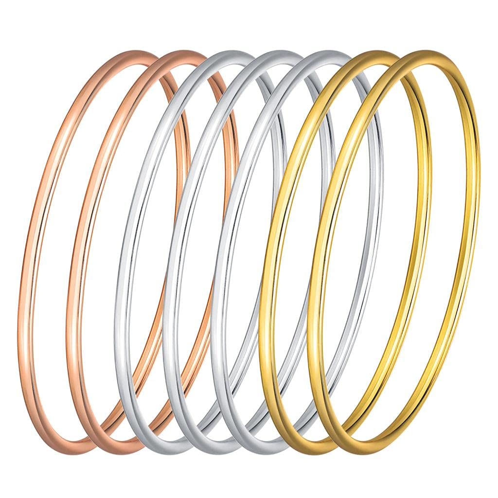 Castillna Tri-Color Stainless Steel Bangle Bracelets for Women - Silver, Gold & Rose Gold Thin Round Stackable Bracelet Set (7 Pieces) | Perfect Christmas, Birthday Gifts & Everyday Fashion Jewelry