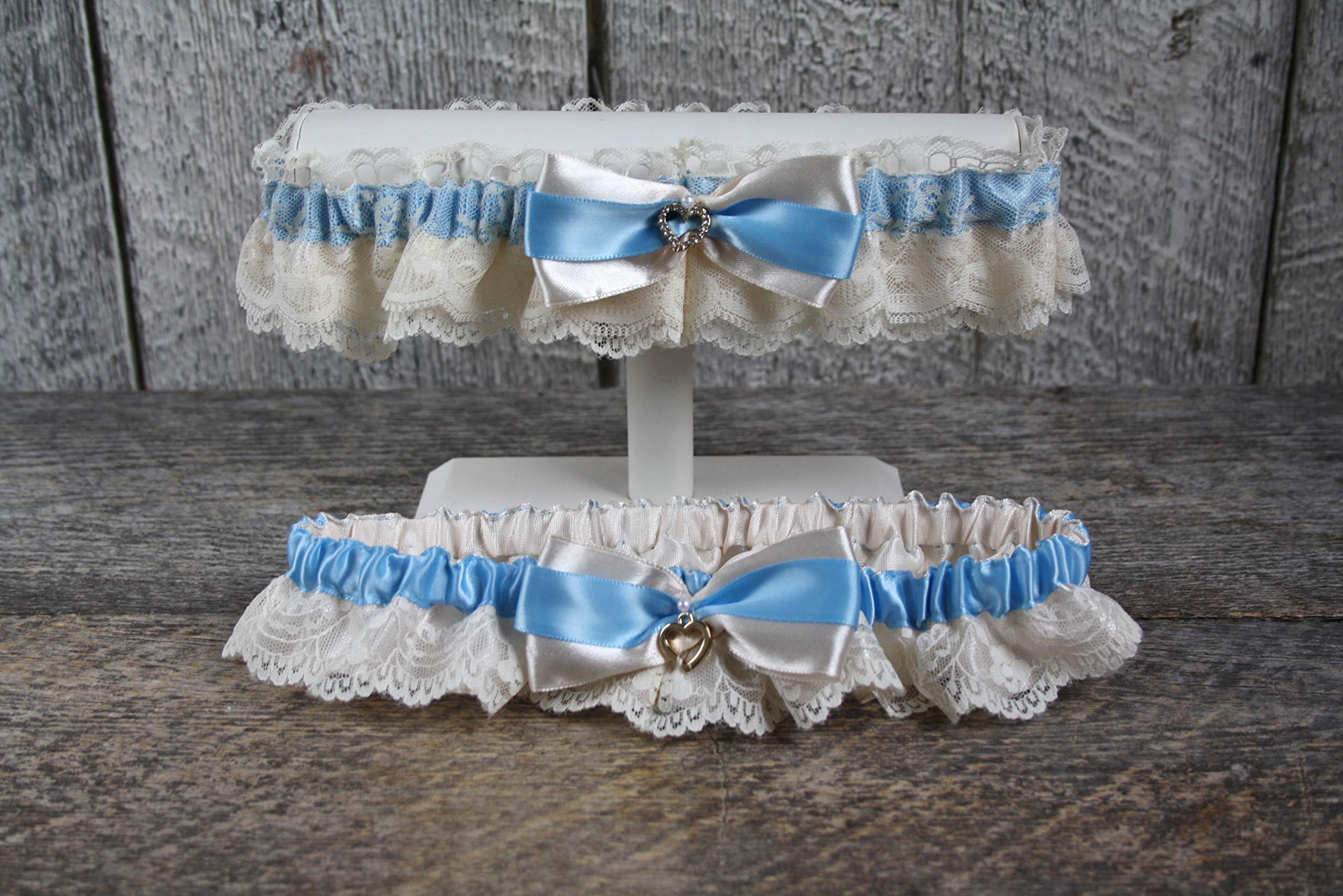 Romantic Blush Ivory & Blue Bridal Garter Set - Heirloom Satin & Lace Wedding Garter - Keepsake & Toss Garter for Bridal Shower, Wedding Ceremony & Bouquet Toss