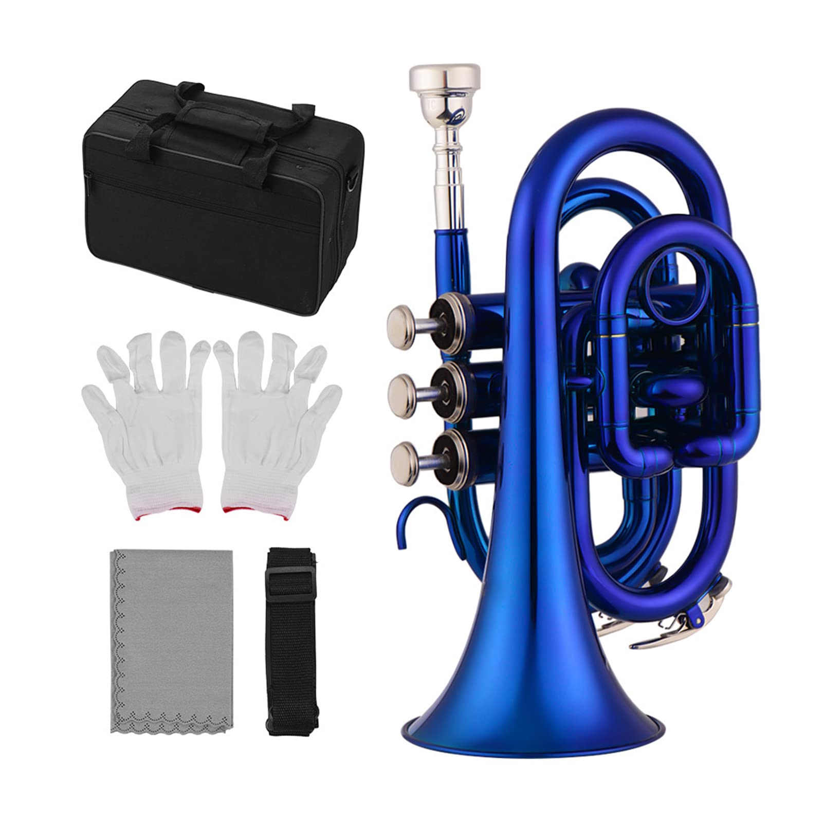Portable Bb Pocket Trumpet - Compact Brass Wind Instrument with Mouthpiece, Gloves, Cleaning Cloth & Carrying Case | Perfect for Travel, Practice & Beginner Musicians
